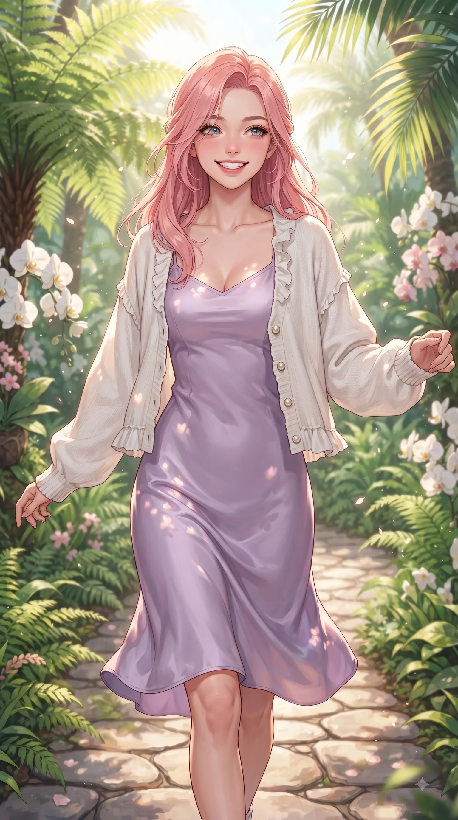 score_9, masterpiece, best quality, ultra-detailed, high-budget anime keyframe, editorial fashion photography, tasteful artistic composition, Japanese woman. close-up cowboy shot from the waist and thighs up, the character dominates the composition, filling the frame with her large presence. Radiant youthful grin reflecting girlhood charm while casting a playful, joyful side-gaze with heavy lashes while strolling happily along a stone garden path amidst towering tropical ferns and blooming white orchids. The composition keeps background elements in soft focus with dreamy bokeh. sun-drenched tropical palm leaves scattering soft background light motes around her silhouette. She has an exceptionally elegant, slender, and willowy female figure with an ultra-slim waist, a gracefully sculpted slender torso, and a refined silhouette. sharp v-shaped jawline, high-bridge nose, intricate jewel-like eyes with depth, thick eyelashes, glossy lips with a natural sheen, flawlessly proportioned anatomical accuracy, natural body alignment, perfectly sculpted elegant limbs, clean dynamic posture without body distortion. wearing a graceful lavender satin slip dress layered under a loose soft white knit cardigan in cherry blossom pink and soft beige, crafted from soft breathable linen, finished with subtle ruffle trims and delicate pearl buttons, the tailored casual silhouette highlighting her fresh and youthful presence. illuminated by fresh botanical sunbeams casting delicate leaf patterns. ultra-reflective glossy finish, specular highlights, metallic sheen, high-contrast stereoscopic depth, volumetric dynamic lighting, 2k, ultra detail, master piece, 9:16 ratio
