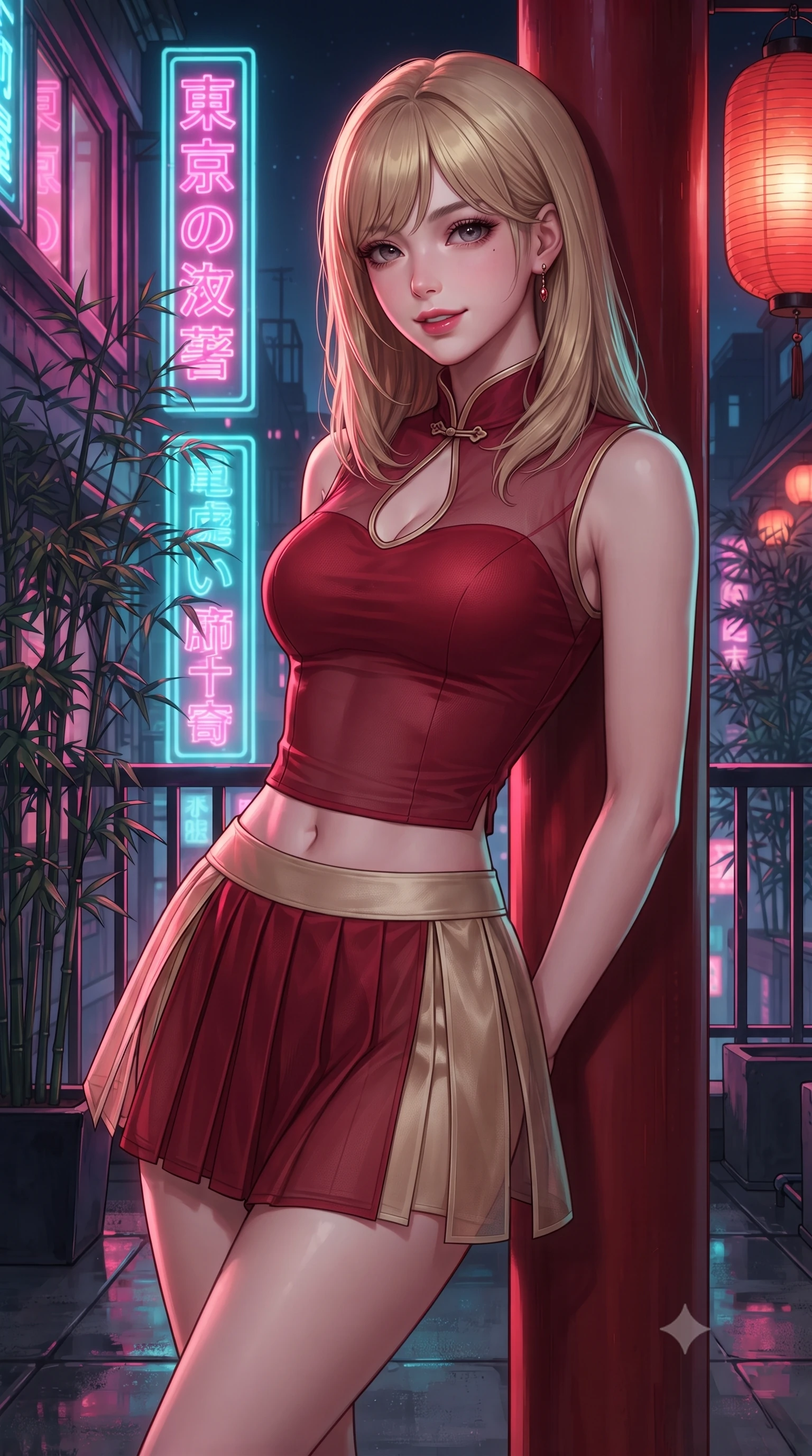 score_9, masterpiece, best quality, ultra-detailed, high-budget anime keyframe, editorial fashion photography, tasteful artistic composition, Japanese woman. close-up cowboy shot from the waist and thighs up, the character dominates the composition, filling the frame with her large presence. leaning back against the red lacquer pillar with relaxed seductive grace, her flat midriff and narrow waist highlighted as warm lantern light traces her curves while twisting her slender torso in an alluring contrapposto stance among potted bamboo, vertical neon signs painting her curves in electric pink and cyan. The surrounding environment is rendered in vivid detail and crisp panoramic clarity: sharp neon glass tube filaments, wet concrete roof textures, and iron railing bolts in deep focus. She has an exceptionally elegant, slender, and willowy female figure with an ultra-slim waist, flat toned midriff, narrow ribcage, and sculpted feminine hips creating an alluring, slim hourglass silhouette without bulk. sharp v-shaped jawline, high-bridge nose, intricate jewel-like dark sparkling almond eyes with depth, thick lashes, glossy parted lips with a natural rose-plum sheen, bright alluring and coquettish smile with bedroom-eyes, exuding both timeless oriental elegance and sovereign high-fashion allure, flawlessly proportioned anatomical accuracy, strict slender model proportions, natural body alignment, perfectly sculpted long slender limbs, ultra-slim waistline, clean dynamic posture without body distortion. wearing a sleeveless modern qipao top with an elegant teardrop chest keyhole cutout paired with a curve-hugging pleated mini skirt in royal crimson red and lustrous champagne gold, tailored from sheer gossamer silk organza with an airy weightless flutter, finished with sharp laser-cut side hip slits framed by gold piping, the form-fitting tailored bodice adhering flawlessly to her sculpted flat midriff and slender torso, emphasizing her long leg lines and perfectly proportioned willowy build. illuminated by rooftop garden amber accents and sharp laser-cyan rim lighting sculpting her razor-sharp jawline, narrow waist, and curvy hips. ultra-reflective glossy finish, specular highlights, rich textural contrasts, high-contrast stereoscopic depth, volumetric dynamic lighting, 2k, ultra detail, master piece, 9:16 ratio