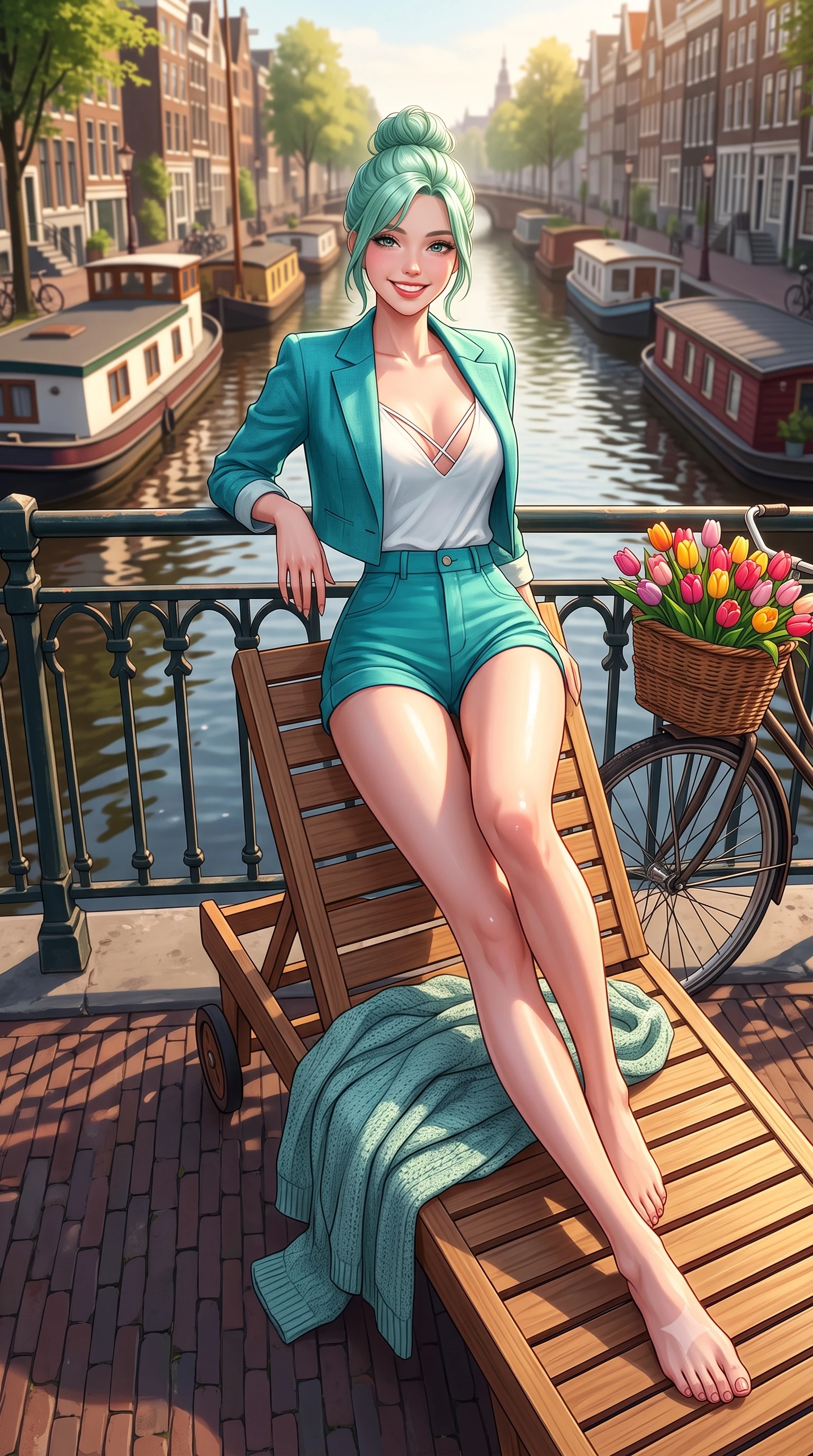 score_9, masterpiece, best quality, ultra-detailed, high-budget anime keyframe, semi-realistic 3D game render, editorial fashion photography, tasteful artistic composition, Japanese woman. low angle full-body shot from head to toe showing her feet, filling the entire 9:16 vertical frame with her statuesque presence, stretching her vertical silhouette. reclining languidly on her side across the sunbed with one knee drawn up, her radiant smile and arched hip curve commanding the 9:16 vertical frame with youthful sensual charisma while leaning against the wrought-iron canal bridge railing beside a vintage bicycle laden with colorful tulips, arching her back with a cheerful cute smile. The surrounding environment is rendered in vivid detail and crisp panoramic clarity. detailed knit cardigan texture, morning sun glints on skin, and Amsterdam canal architecture in high resolution. She has an exceptionally tall and slender model-like 8.5-heads proportion, an ultra-slim waist, a flat toned midriff, narrow delicate ribcage, and beautifully sculpted feminine hips creating a graceful, slim hourglass silhouette without any bulky heaviness, with impossibly long slender legs. sharp v-shaped jawline, high-bridge nose, intricate jewel-like sparkling eyes with depth, thick eyelashes, glossy parted lips with a natural peach sheen, bright cheerful beaming smile with an enchanting and coquettish sensual glint, exuding both youthful cute charm and seductive allure, flawlessly proportioned anatomical accuracy, strict slender model proportions, natural body alignment, perfectly sculpted long slender limbs, ultra-slim waistline, clean dynamic posture without body distortion. wearing a chic cropped linen blazer worn with a plunging-V camisole and high-waisted tailored hot-pants showcasing her long slender legs in ocean turquoise and sea-salt white, tailored from fine lightweight chiffon that flutters gently in the breeze, finished with criss-cross back satin straps highlighting her graceful shoulder blades, the high-waisted tailoring accentuating her ultra-slim waistline and the enchanting curve of her feminine hips with alluring charm. illuminated by warm brick wall bounce light contouring her razor-sharp jawline, narrow waist, and curvy hips. highly saturated vibrant anime colors, detailed shading with soft gradients, rich glossy textures, high-contrast stereoscopic depth, volumetric dynamic lighting, master piece, 9:16 ratio
