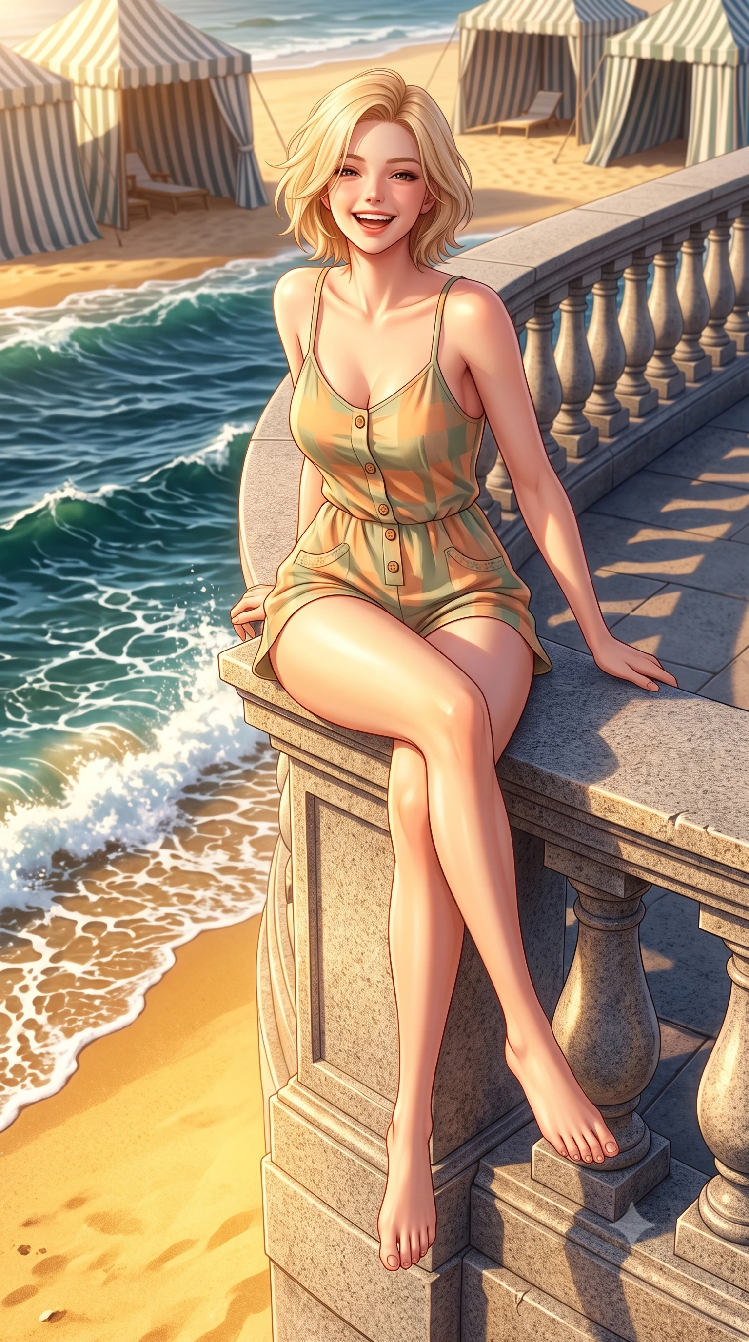 score_9, masterpiece, best quality, ultra-detailed, high-budget anime keyframe, semi-realistic 3D game render, editorial fashion photography, tasteful artistic composition, Caucasian woman. low angle full-body shot from head to toe showing her feet, filling the entire 9:16 vertical frame with her statuesque presence, stretching her vertical silhouette. sitting perched on the elevated edge with legs crossed and hips angled toward the camera, displaying her toned midriff and long slender limbs with a joyful, coquettish smile while striding along the grand oceanfront promenade, arching her back with an infectious, wind-kissed smile as Atlantic waves crash on golden sand. The surrounding environment is rendered in vivid detail and crisp panoramic clarity. sharp granite promenade balustrades, striped canvas tent textures, and ocean wave crest caustics in deep focus. She has an exceptionally tall and slender model-like 8.5-heads proportion, an ultra-slim waist, a flat toned midriff, narrow delicate ribcage, and beautifully sculpted feminine hips creating a graceful, slim hourglass silhouette without any bulky heaviness, with impossibly long slender legs. sharp v-shaped jawline, high-bridge nose, intricate jewel-like sparkling eyes with depth, thick eyelashes, glossy parted lips with a natural peach sheen, bright cheerful beaming smile with an enchanting and coquettish sensual glint, exuding both youthful cute charm and seductive allure, flawlessly proportioned anatomical accuracy, strict slender model proportions, natural body alignment, perfectly sculpted long slender limbs, ultra-slim waistline, clean dynamic posture without body distortion. wearing a second-skin stretch cotton camisole romper with high-cut leg openings and an open back in soft apricot and sage green, crafted from soft breathable linen with effortless natural drape, finished with neat front wooden buttons and delicate pocket details, the form-fitting cut adhering flawlessly to her sculpted flat midriff and slender torso, emphasizing her long leg lines and perfectly proportioned willowy build. bathed in brilliant golden hour Atlantic sunlight and intense golden sand bounce fill. highly saturated vibrant anime colors, detailed shading with soft gradients, rich glossy textures, high-contrast stereoscopic depth, volumetric dynamic lighting, master piece, 9:16 ratio