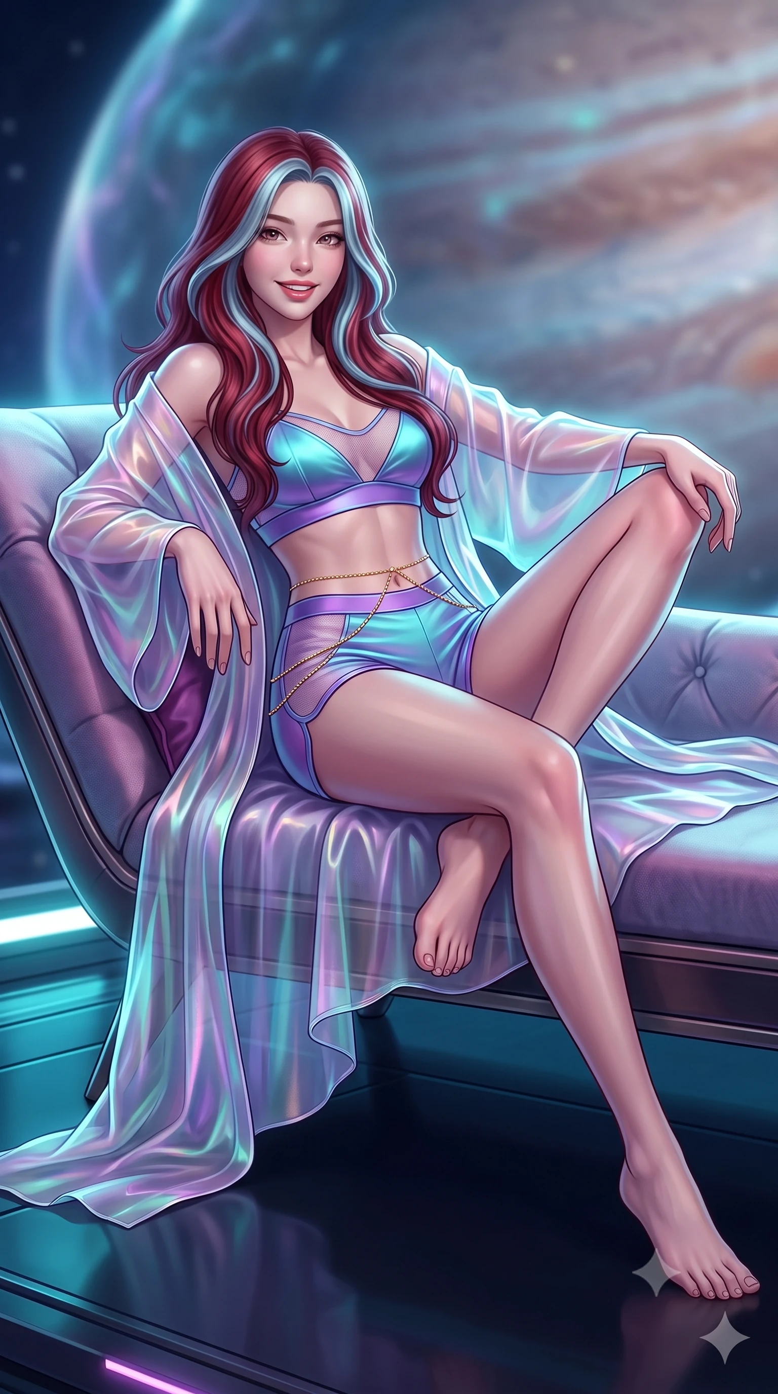 score_9, masterpiece, best quality, ultra-detailed, high-budget anime keyframe, semi-realistic 3D game render, editorial fashion photography, tasteful artistic composition, Caucasian woman. low angle full-body shot from head to toe showing her feet, filling the entire 9:16 vertical frame with her statuesque presence, stretching her vertical silhouette. reclining gracefully across the plush chaise lounge with one leg extended, her sculpted silhouette and flat midriff radiating magnetic nocturnal glamour while sitting gracefully on the floating antigravity lounge with legs crossed, flashing a radiant, playful smile with parted glossy lips. The background shows a soft-focus plasma shield shimmer softened in gas giant aerostat sanctuary shallow focus. She has an exceptionally tall and slender model-like 8.5-heads proportion, an ultra-slim waist, a flat toned midriff, narrow delicate ribcage, and beautifully sculpted feminine hips creating a graceful, slim hourglass silhouette without any bulky heaviness, with impossibly long slender legs. sharp v-shaped jawline, high-bridge nose, intricate jewel-like sparkling eyes with depth, thick eyelashes, glossy parted lips with a natural peach sheen, bright cheerful beaming smile with an enchanting and coquettish sensual glint, exuding both youthful cute charm and seductive allure, flawlessly proportioned anatomical accuracy, strict slender model proportions, natural body alignment, perfectly sculpted long slender limbs, ultra-slim waistline, clean dynamic posture without body distortion. wearing a translucent iridescent organza kimono robe slipping off bare shoulders over a matching satin micro-bralette and shorts in Cheonggyecheon neon aqua and ultraviolet amethyst, woven from fine semi-opaque stretch illusion mesh tracing her slender contours, accented with a dainty gold belly chain resting across her flat midriff and curving hips, the form-contouring silhouette accentuating her sculpted flat midriff, narrow delicate ribcage, and gracefully curvy hips with intoxicating allure. illuminated by deck reflection bounce and sharp cyan-white lightning rim lights defining her jawline, narrow waist, and curvy hips. highly saturated vibrant anime colors, detailed shading with soft gradients, rich glossy textures, high-contrast stereoscopic depth, volumetric dynamic lighting, master piece, 9:16 ratio