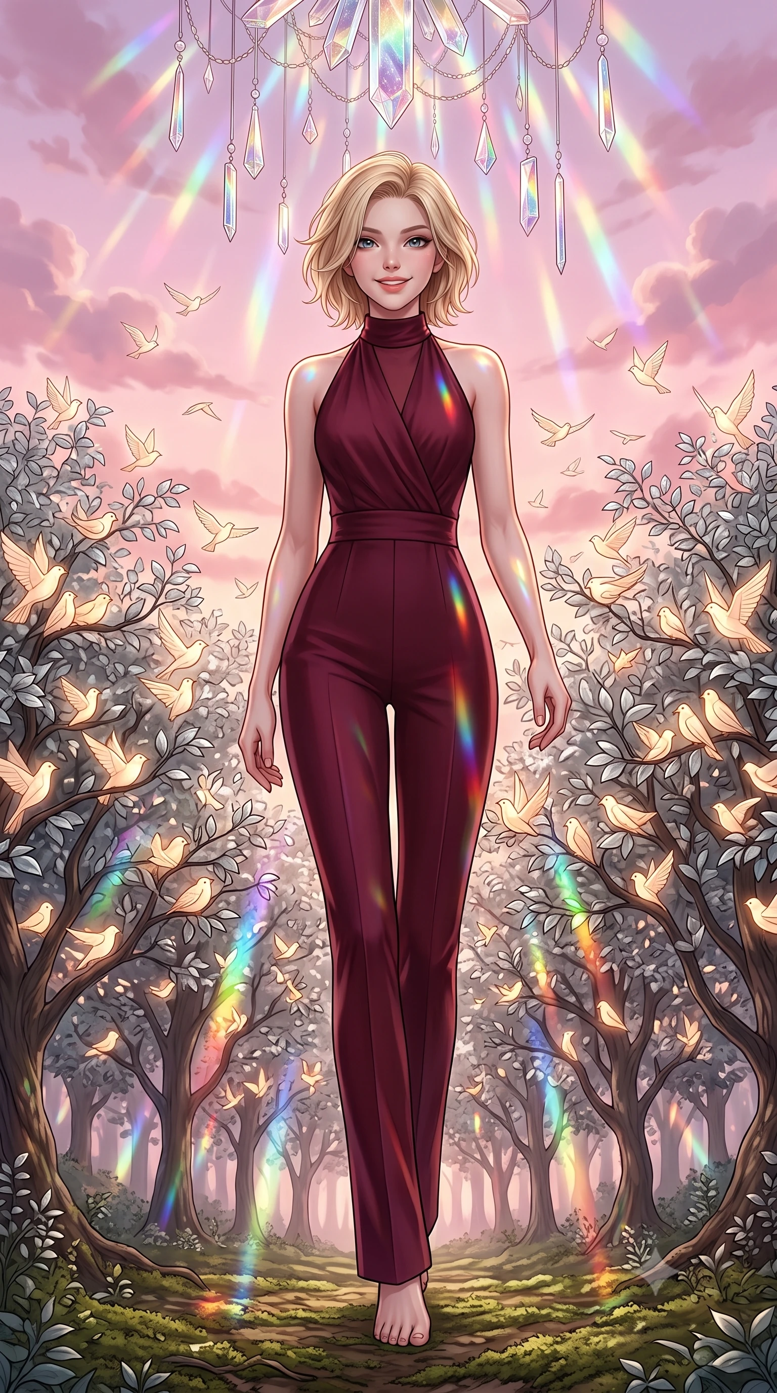 score_9, masterpiece, best quality, ultra-detailed, high-budget anime keyframe, editorial fashion photography, tasteful artistic composition, Caucasian woman, strictly human ears. low angle full-body shot from head to toe showing her feet, filling the entire 9:16 vertical frame with her statuesque presence, stretching her vertical silhouette. stepping elegantly with a warm, welcoming smile through in a forest clearing filled with silver-leaf trees where thousands of glowing paper birds nest and take flight into a pink evening sky. She has a statuesque 8.5-heads proportion, an exceptionally tall, slender and willowy model-like build with impossibly long legs and a highly sculpted ultra-slim waist. sharp v-shaped jawline, high-bridge nose, intricate jewel-like eyes with depth, thick eyelashes, glossy lips with a natural sheen. wearing a precision-tailored jumpsuit in deep burgundy with a high wrap-front neck, highlighting her slim waist and long legs. cascading rainbow prismatic light refracting through crystal formations overhead. 2k, ultra detail, master piece, 9:16 ratio