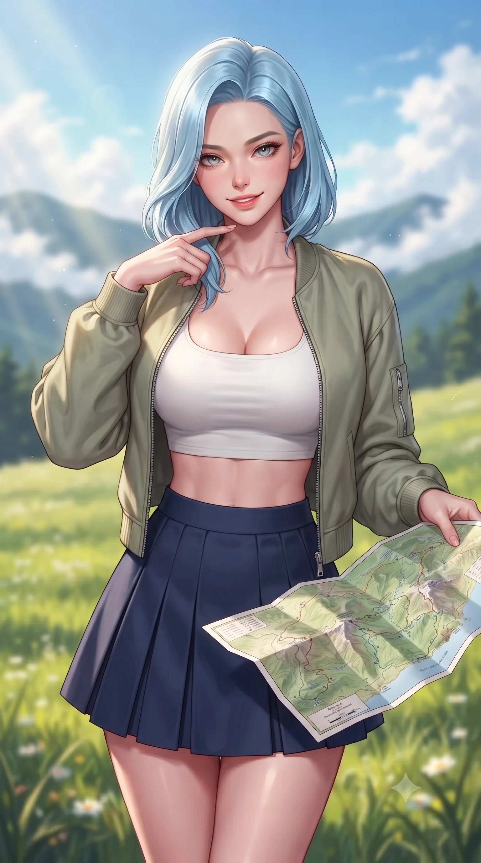 score_9, masterpiece, best quality, ultra-detailed, high-budget anime keyframe, editorial fashion photography, tasteful artistic composition, Korean woman. close-up cowboy shot from the waist and thighs up, the character dominates the composition, filling the frame with her large presence, background elements kept in soft focus. gently tracing her finger along her collarbone with a captivating, confident smile set against a soft-focus background of on a wide grassy meadow high up on a mountain plateau under a blue sky holding a map of the mountain trails, looking at the camera. She has an exceptionally elegant, slender, and willowy female figure with an ultra-slim waist, a gracefully sculpted slender torso, and a refined silhouette. sharp v-shaped jawline, high-bridge nose, intricate jewel-like eyes with depth, thick eyelashes, glossy lips with a natural sheen. wearing tailored modern crop top shirt paired with a mini skirt and an unzipped light bomber jacket. soft afternoon sunbeams filtering through passing white mountain clouds. highly saturated vibrant anime colors, detailed shading with soft gradients, rich glossy textures, high-contrast stereoscopic depth, volumetric dynamic lighting, master piece, 9:16 ratio