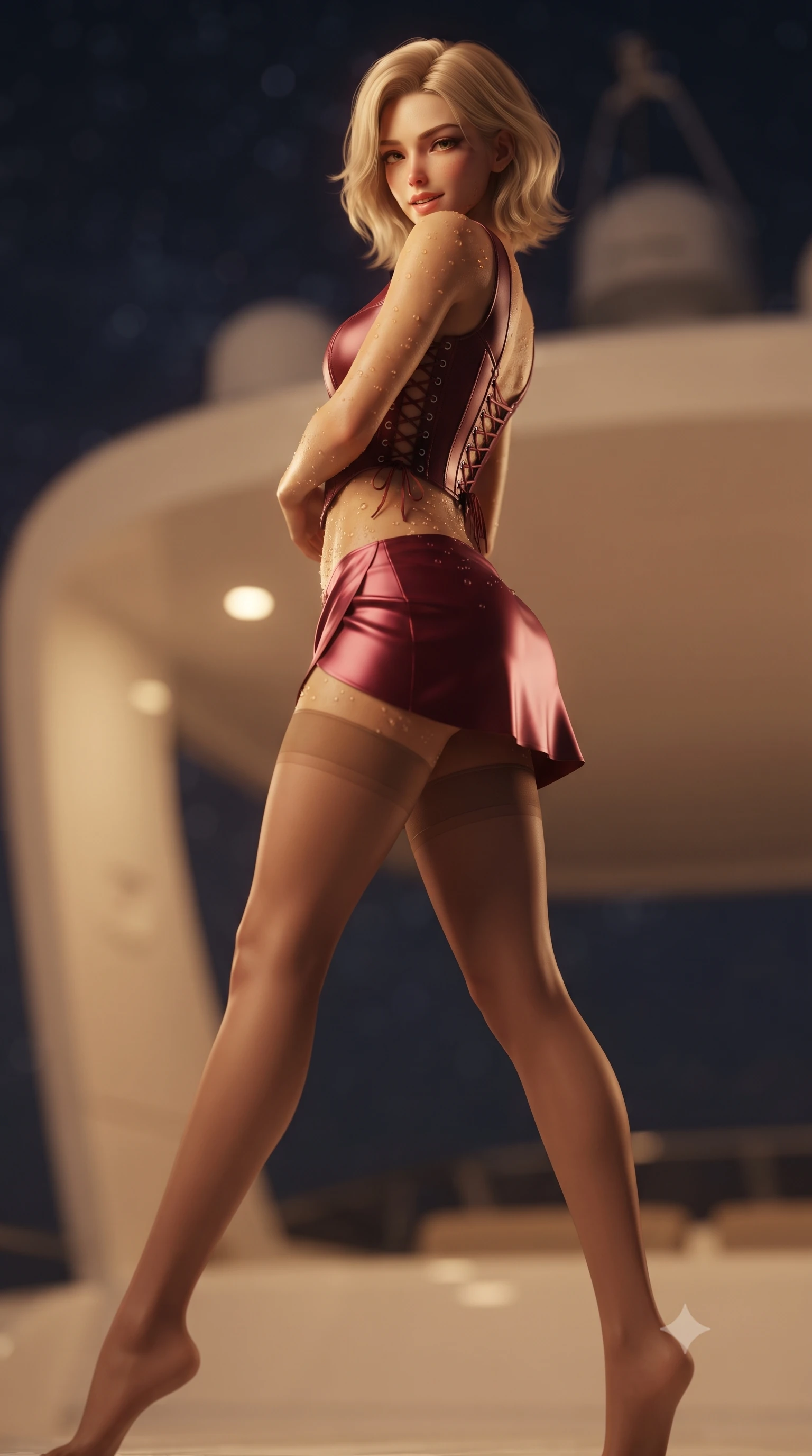 score_9, masterpiece, best quality, ultra-detailed, high-budget anime keyframe, editorial fashion photography, tasteful artistic composition, Caucasian woman. low angle full-body shot from head to toe showing her feet, filling the entire 9:16 vertical frame with her statuesque presence, stretching her vertical silhouette. executing a slow, graceful pivot turn as her skirt sways around her slender legs, glancing back with an enchanting, teasing sensual expression while twisting her slender torso in an alluring contrapposto stance, warm bubbly water droplets beading across her flat midriff, waist, and hips. The background shows a soft-focus curved aerodynamic yacht radar arch softened in luxurious open-air shallow focus. She has an absolutely perfect, statuesque 8.5-heads proportion, an exceptionally tall and slender model-like female figure with impossibly long slender legs, an ultra-slim waist, a flat toned midriff, narrow delicate ribcage, and beautifully sculpted feminine hips creating a graceful, slim hourglass silhouette without any bulky heaviness. sharp v-shaped jawline, high-bridge nose, sparkling eyes with hypnotic seductive depth, thick curled eyelashes, glossy parted lips with a natural dewy peach sheen, alluring bedroom-eyes with an enchanting coquettish smile, exuding magnetic siren charisma and sophisticated glamour, flawlessly proportioned anatomical accuracy, strict slender model proportions, natural body alignment, perfectly sculpted long slender limbs, ultra-slim waistline, clean dynamic posture without body distortion. wearing a structured boned leatherette corset bodice paired with an ultra-short micro-wrap mini skirt and sheer thigh-high stockings in rich cherry lacquer and smoky charcoal, crafted from fluid liquid silk satin that clings smoothly to every curve with a dewy sheen, featuring fine criss-cross lace-up side ties revealing tantalizing glimpses of her hip curve, the high-slit wrap tailoring accentuating her ultra-slim waistline and the enchanting curve of her feminine hips with alluring seductive charm. bathed in warm 3000K underwater tub illumination paired with celestial Caribbean starlight fill. ultra-reflective glossy finish, specular highlights, rich textural contrasts, high-contrast stereoscopic depth, volumetric dynamic lighting, 2k, ultra detail, master piece, 9:16 ratio