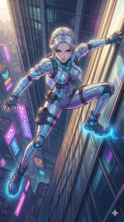 score_9, masterpiece, best quality, ultra-detailed, high-budget anime movie keyframe, cinematic anime lighting, intricate line art, Japanese woman. Extreme high angle shot as she leaps towards the camera, filling the frame. dashing up the side of a s