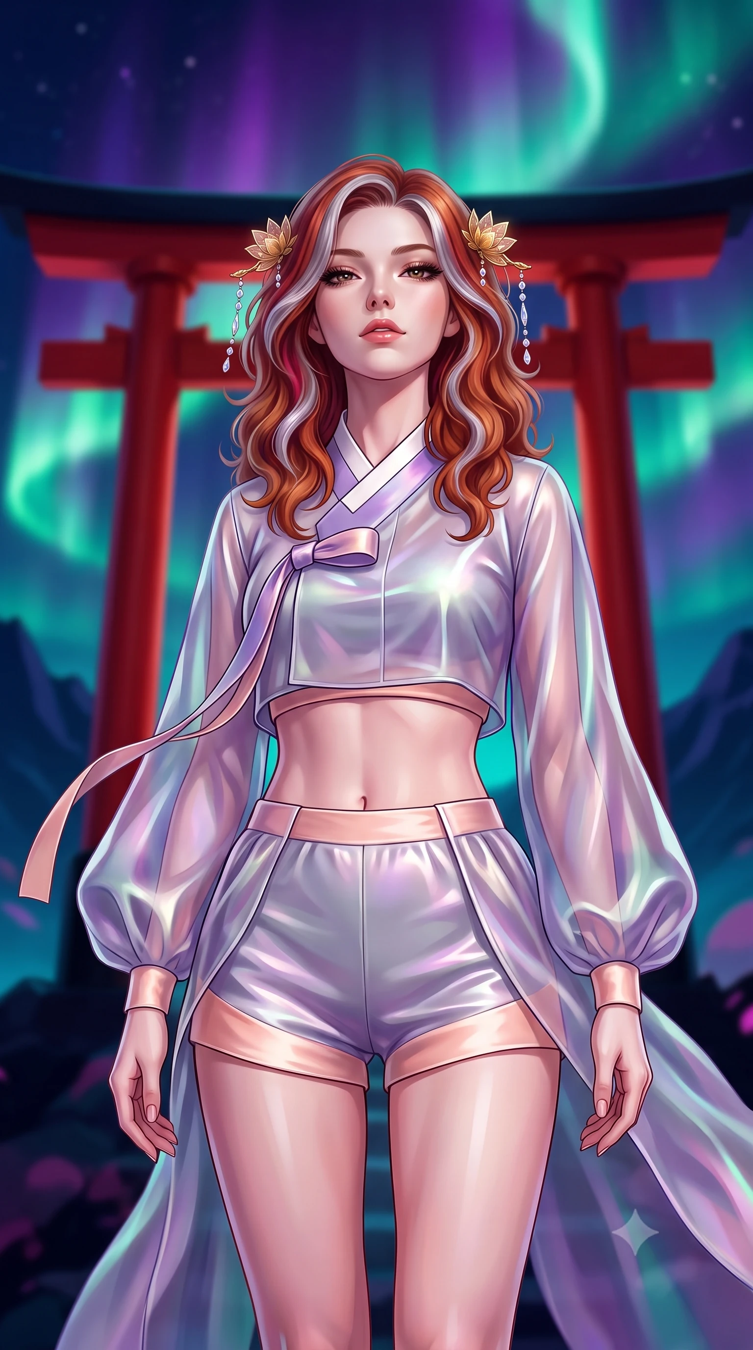 score_9, masterpiece, best quality, ultra-detailed, high-budget anime keyframe, semi-realistic 3D game render, editorial fashion photography, tasteful artistic composition, Caucasian woman. close-up cowboy shot from the waist and thighs up, the character dominates the composition, filling the frame with her large presence. tilting her chin up with proud, sovereign confidence while gazing directly into the lens with thick, dark eyelashes while standing atop a mountain shrine ridge framed by a colossal vermilion torii gate under a dancing violet and emerald aurora. The composition keeps background elements in soft focus with creamy bokeh. swirling emerald and violet aurora ribbons and dark mountain silhouettes blurred into deep indigo, magenta, and teal bokeh. She has an exceptionally elegant, slender, and willowy female figure with an ultra-slim waist, a gracefully sculpted slender torso, toned flat midriff, and a refined slim silhouette. sharp v-shaped jawline, high-bridge nose, intricate jewel-like eyes with depth, thick eyelashes, glossy lips with a natural sheen, captivating and magnetic expression, flawlessly proportioned anatomical accuracy, strict slender model proportions, natural body alignment, perfectly sculpted long slender limbs, ultra-slim waistline, clean dynamic posture without body distortion. wearing a modern shortened cyber-hanbok crop top with wide billowing sleeves and high-waist silk shorts in soft peach blossom pink and warm ivory, made of semi-translucent iridescent organza shifting between silver and violet, finished with delicate golden lotus hairpins and dangling crystal beads, the breezy yet form-flattering drape swaying gracefully with her steps, accentuating her long willowy limbs and slim waistline. surrounded by a divine, mystical, and spiritually transcendent shrine maiden sovereign aura. highly saturated vibrant anime colors, detailed shading with soft gradients, rich glossy textures, high-contrast stereoscopic depth, volumetric dynamic lighting, master piece, 9:16 ratio