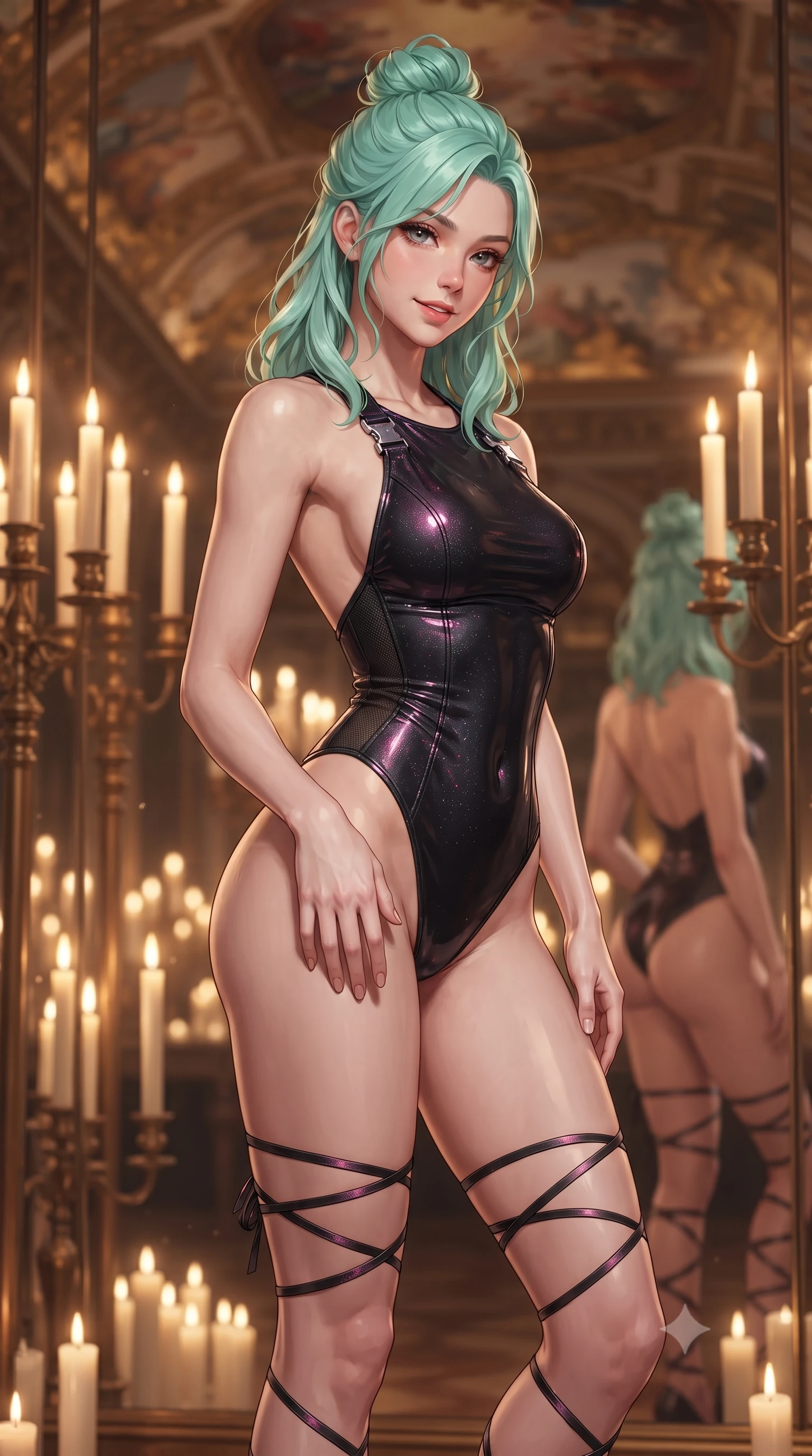score_9, masterpiece, best quality, ultra-detailed, high-budget anime keyframe, editorial fashion photography, tasteful artistic composition, Japanese woman. close-up cowboy shot from the waist and thighs up, the character dominates the composition, filling the frame with her large presence. tilting her head with a teasing half-smile, running one hand slowly down the side of her hip in a flirtatious S-curve as ambient light caresses her silhouette while twisting her slender torso in an alluring S-curve, mirrored walls reflecting her sculpted flat midriff, narrow waist, and curvaceous hips. The background shows a soft-focus hundreds of flickering candle flames in tall bronze candelabras and gilded ceiling frescoes blurred into warm honey, amber, and gold bokeh. She has an exceptionally elegant, slender, and willowy female figure with an ultra-slim waist, flat toned midriff, narrow ribcage, and sculpted feminine hips creating an alluring, slim hourglass silhouette without bulk. sharp v-shaped jawline, high-bridge nose, sparkling eyes with hypnotic seductive depth, thick curled eyelashes, glossy parted lips with a natural dewy peach sheen, alluring bedroom-eyes with an enchanting coquettish smile, exuding magnetic siren charisma and sophisticated glamour, flawlessly proportioned anatomical accuracy, strict slender model proportions, natural body alignment, perfectly sculpted long slender limbs, ultra-slim waistline, clean dynamic posture without body distortion. wearing a slinky backless halterneck tactical leotard with micro-ripstop side panels and quick-release chrome buckles in wet-look onyx black with electric magenta reflections, woven from stretch metallic lurex jersey casting radiant starlight glints across her silhouette, finished with delicate satin ballet ribbon ties criss-crossing up her slender calves to the knee, the second-skin tailored fabric adhering flawlessly to her sculpted flat midriff and slender torso, emphasizing her long leg lines and perfectly proportioned willowy build. bathed in the flickering warmth of hundreds of real candles combined with ambient gilded chandelier glow. ultra-reflective glossy finish, specular highlights, rich textural contrasts, high-contrast stereoscopic depth, volumetric dynamic lighting, 2k, ultra detail, master piece, 9:16 ratio