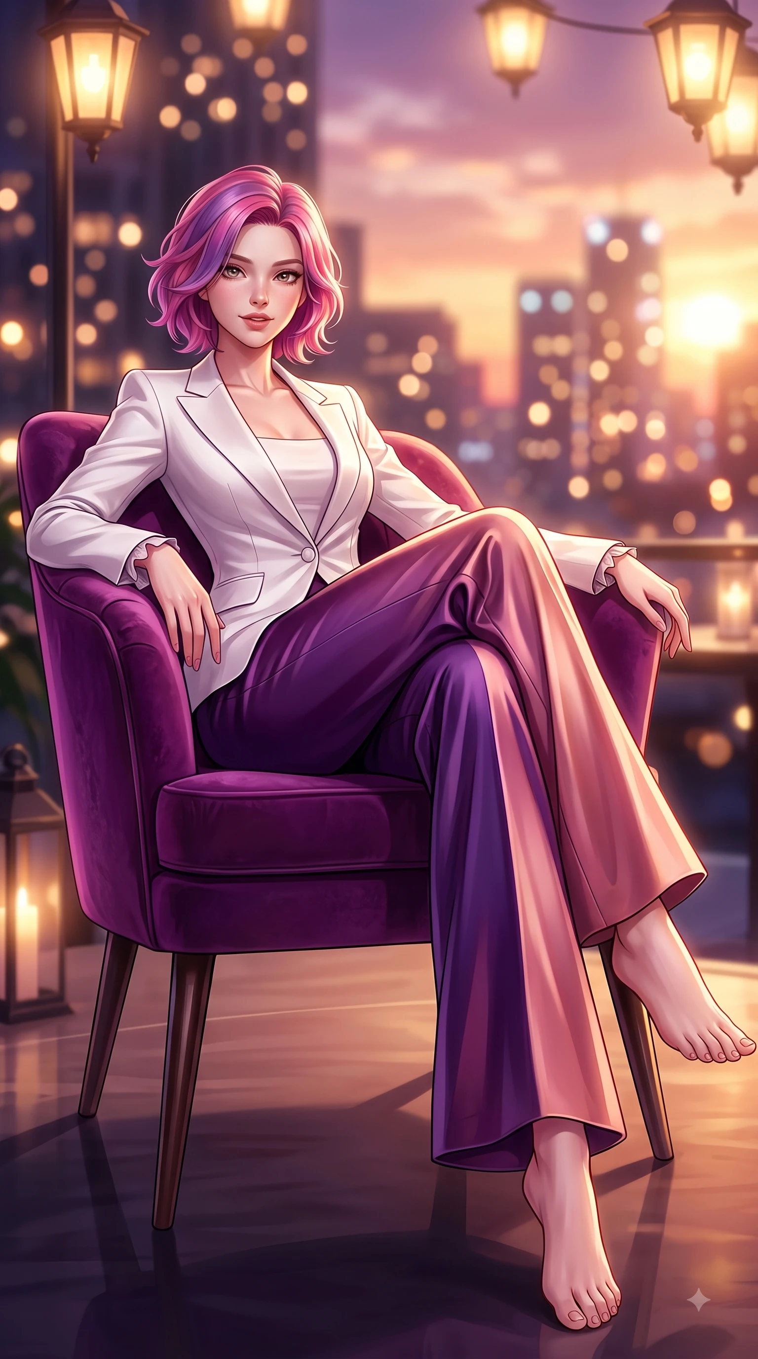 score_9, masterpiece, best quality, ultra-detailed, high-budget anime keyframe, editorial fashion photography, tasteful artistic composition, Caucasian woman. low angle full-body shot from head to toe showing her feet, filling the entire 9:16 vertical frame with her statuesque presence, stretching her vertical silhouette. Radiant anticipation in her face, glowing with hopeful curiosity and warm expectant energy while lounging in a velvet designer chair under warm ambient outdoor lanterns. The composition keeps background elements in soft focus with dreamy bokeh. twinkling city tower lights and glowing sunset sky blurred into sparkling urban bokeh. She has an absolutely perfect, statuesque 8.5-heads proportion, an exceptionally tall and slender model-like female figure with impossibly long slender legs and an ultra-slim waist. sharp v-shaped jawline, high-bridge nose, intricate jewel-like eyes with depth, thick eyelashes, glossy lips with a natural sheen, flawlessly proportioned anatomical accuracy, natural body alignment, perfectly sculpted elegant limbs, clean dynamic posture without body distortion. wearing a crisp monochrome white tailored suit jacket paired with wide-leg trousers in deep amethyst purple and rose gold, crafted from smooth liquid silk satin, featuring elegant flutter sleeves and a graceful square neckline, the fluid drape swaying gracefully with her dynamic editorial movement. surrounded by an opulent, glamorous, and high-fashion nightlife editorial aura. highly saturated vibrant anime colors, detailed shading with soft gradients, rich glossy textures, high-contrast stereoscopic depth, volumetric dynamic lighting, master piece, 9:16 ratio
