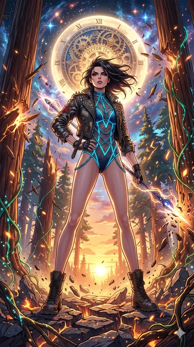 score_9, masterpiece, best quality, ultra-detailed, Set A: High-budget Anime Keyframe, Caucasian (human ears) woman. Low angle cowboy shot filling the entire 9:16 frame with her statuesque presence. Theme: Abstract Cosmic. shattering the fabric of re