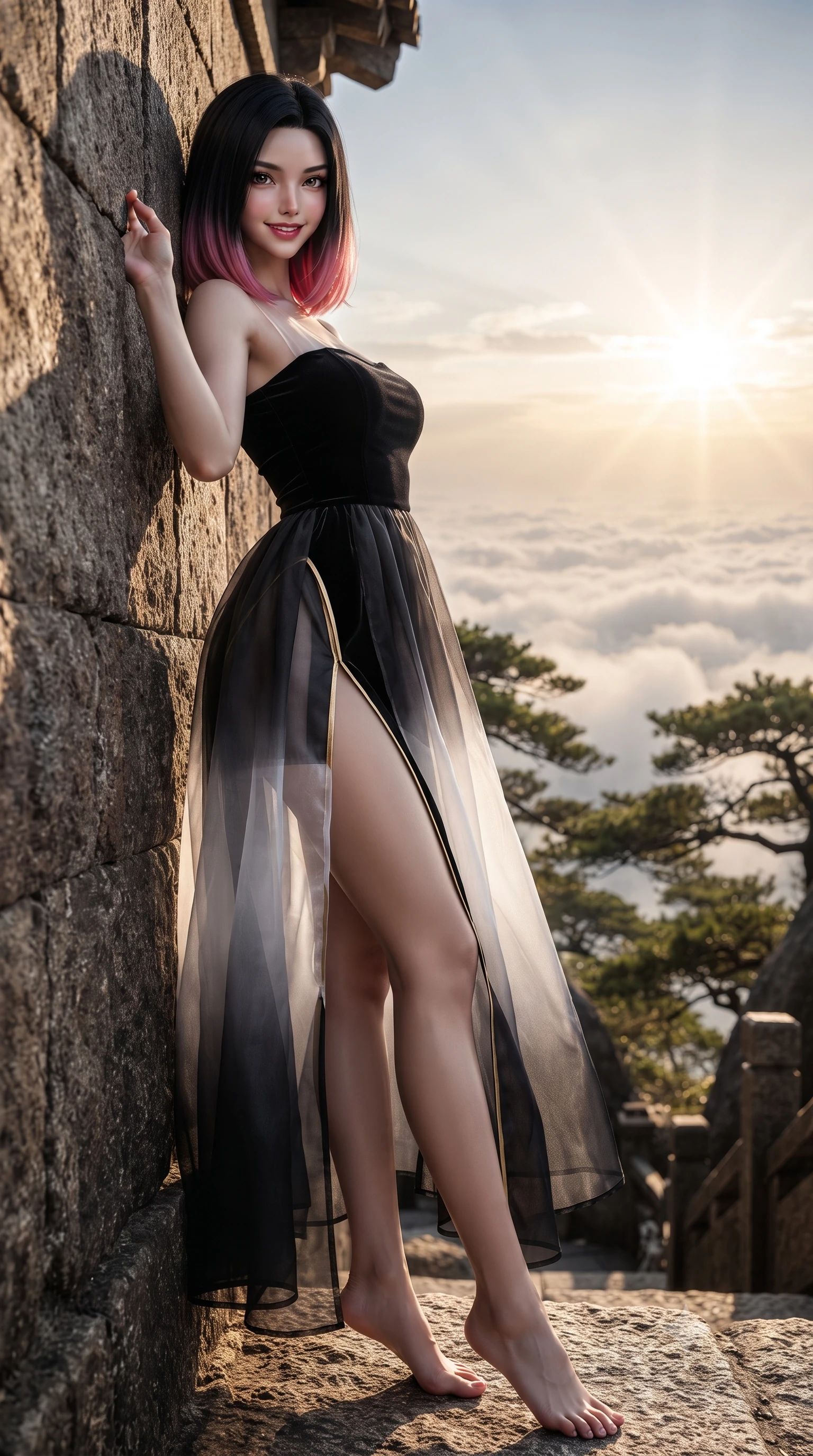 score_9, masterpiece, best quality, ultra-detailed, high-budget anime keyframe, editorial fashion photography, tasteful artistic composition, Korean woman. low angle full-body shot from head to toe showing her feet, filling the entire 9:16 vertical frame with her statuesque presence, stretching her vertical silhouette. leaning deep against the ancient temple wall with hips cocked back in an unapologetically alluring high-fashion stance, flashing a warm beaming smile while twisting her slender torso in an alluring S-curve as mountain breezes sculpt her flowing silk gown against her narrow waist and curvy hips. The background shows a soft-focus twisted ancient Huangshan pine canopies softened in legendary ink-painting shallow focus. She has an absolutely perfect, statuesque 8.5-heads proportion, an exceptionally tall and slender model-like female figure with impossibly long slender legs, an ultra-slim waist, a flat toned midriff, narrow delicate ribcage, and beautifully sculpted feminine hips creating a graceful, slim hourglass silhouette without any bulky heaviness. sharp v-shaped jawline, high-bridge nose, intricate jewel-like dark sparkling almond eyes with depth, thick lashes, glossy parted lips with a natural rose-plum sheen, bright alluring and coquettish smile with bedroom-eyes, exuding both timeless oriental elegance and sovereign high-fashion allure, flawlessly proportioned anatomical accuracy, strict slender model proportions, natural body alignment, perfectly sculpted long slender limbs, ultra-slim waistline, clean dynamic posture without body distortion. wearing a modern fusion hanbok dress with a structured velvet bodice and cascading sheer ombre organza skirt with front slit in stark monochrome black and white ink contrast, crafted from heavy fluid silk satin with a liquid mirror-like sheen, finished with sharp laser-cut side hip slits framed by gold piping, the form-contouring cut accentuating her sculpted flat midriff, narrow delicate ribcage, and gracefully curvy hips with regal oriental supermodel elegance. bathed in glorious golden hour sunrise rays breaking over the vast sea of clouds. ultra-reflective glossy finish, specular highlights, rich textural contrasts, high-contrast stereoscopic depth, volumetric dynamic lighting, 2k, ultra detail, master piece, 9:16 ratio