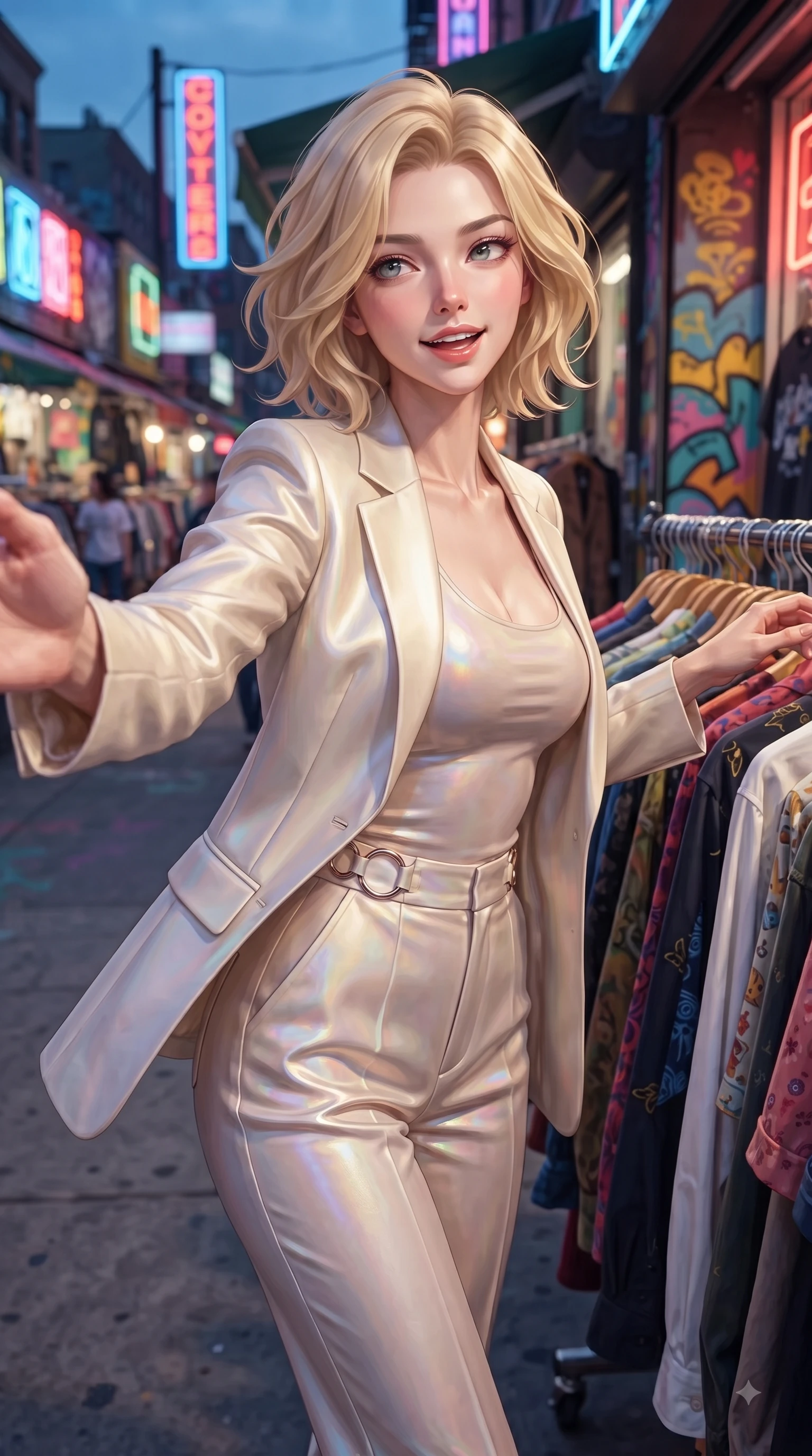 score_9, masterpiece, best quality, ultra-detailed, high-budget anime keyframe, editorial fashion photography, tasteful artistic composition, Caucasian woman. close-up cowboy shot from the waist and thighs up, the character dominates the composition, filling the frame with her large presence, background elements kept in soft focus. Playful cute expression with a warm smile and parted lips, looking right into the camera with vibrant energy while reaching one arm out playfully toward the camera while browsing a outdoor vintage clothing rack, vibrant urban street art and neon shop signs casting colorful ambient light around her. She has an exceptionally elegant, slender, and willowy female figure with an ultra-slim waist, a gracefully sculpted slender torso, and a refined silhouette. sharp v-shaped jawline, high-bridge nose, intricate jewel-like eyes with depth, thick eyelashes, glossy lips with a natural sheen, flawlessly proportioned anatomical accuracy, natural body alignment, perfectly sculpted elegant limbs, clean dynamic posture without body distortion. wearing a tailored cream silk blazer over a form-contouring scoop-neck top and slacks in pearl white and rose gold, crafted from iridescent chiffon that shifts colors in the light, accented with delicate chrome ring hardware framing her waist, the form-contouring material highlighting her ultra-slim waist and long lines. illuminated by vibrant neon shop signs and crisp clear afternoon key light. ultra-reflective glossy finish, specular highlights, metallic sheen, high-contrast stereoscopic depth, volumetric dynamic lighting, 2k, ultra detail, master piece, 9:16 ratio
