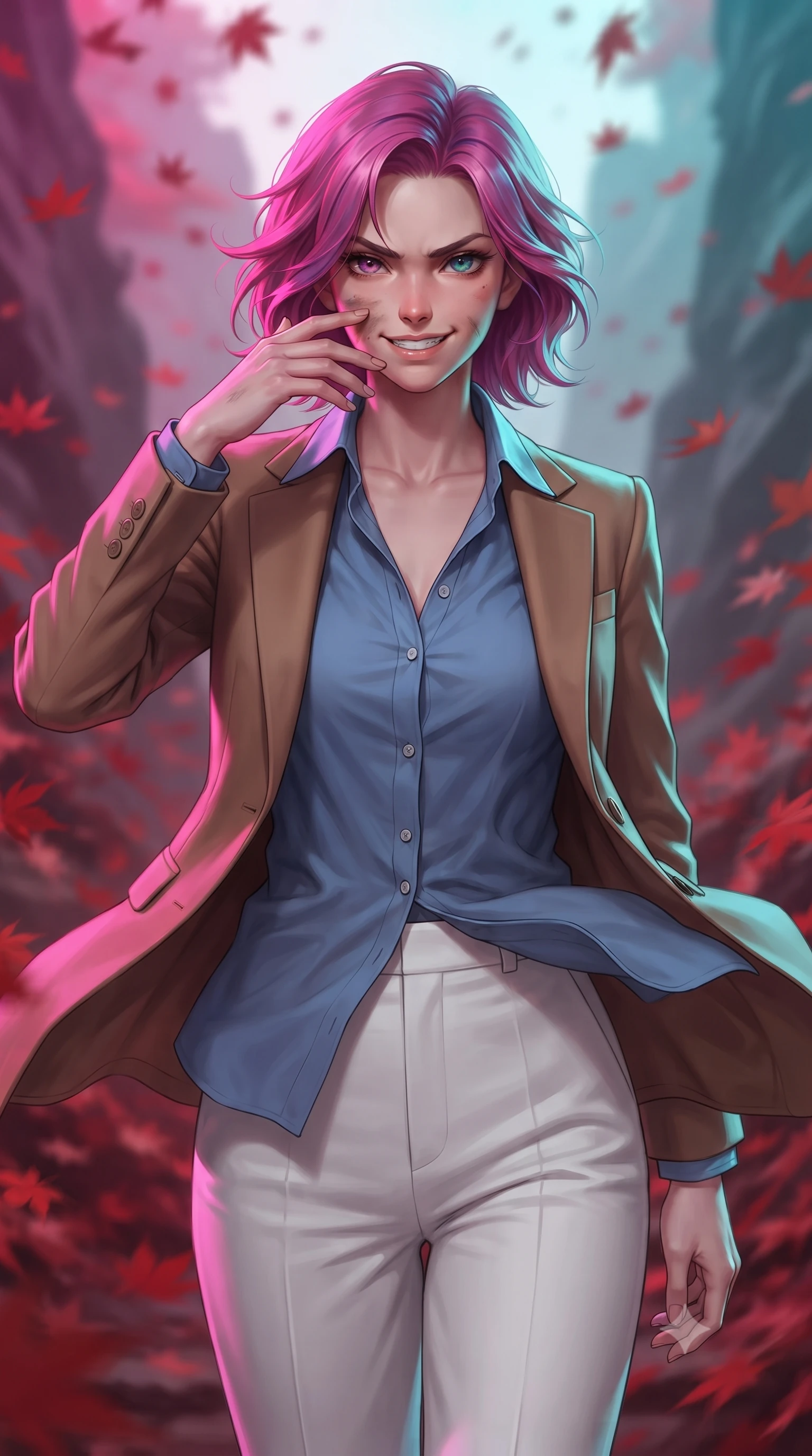 score_9, masterpiece, best quality, ultra-detailed, high-budget anime keyframe, editorial fashion photography, tasteful artistic composition, realistic cosplay photography, Caucasian woman, strictly human ears. close-up cowboy shot from the waist and thighs up, the character dominates the composition, filling the frame with her large presence, background elements kept in soft focus. Wiping a smudge of dust from her cheek with a confident, defiant grin. set against a soft-focus background of a narrow gorge filled with thousands of red maple leaves whipping in a powerful wind tunnel. She has an exceptionally elegant and slender, willowy female figure with an ultra-slim waist, a gracefully sculpted slender torso, and a refined slim physique. sharp v-shaped jawline, high-bridge nose, intricate jewel-like eyes with depth, thick eyelashes, glossy lips with a natural sheen. wearing the lightweight fabric rippling and billowing dramatically with her movement, a form-contouring structured camel wool blazer over a French blue cotton button-down shirt and high-waisted white trousers. dual-tone lighting with hot magenta from the left and cool cyan from the right. ultra-reflective glossy finish, specular highlights, metallic sheen, high-contrast stereoscopic depth, volumetric dynamic lighting, 2k, ultra detail, master piece, 9:16 ratio