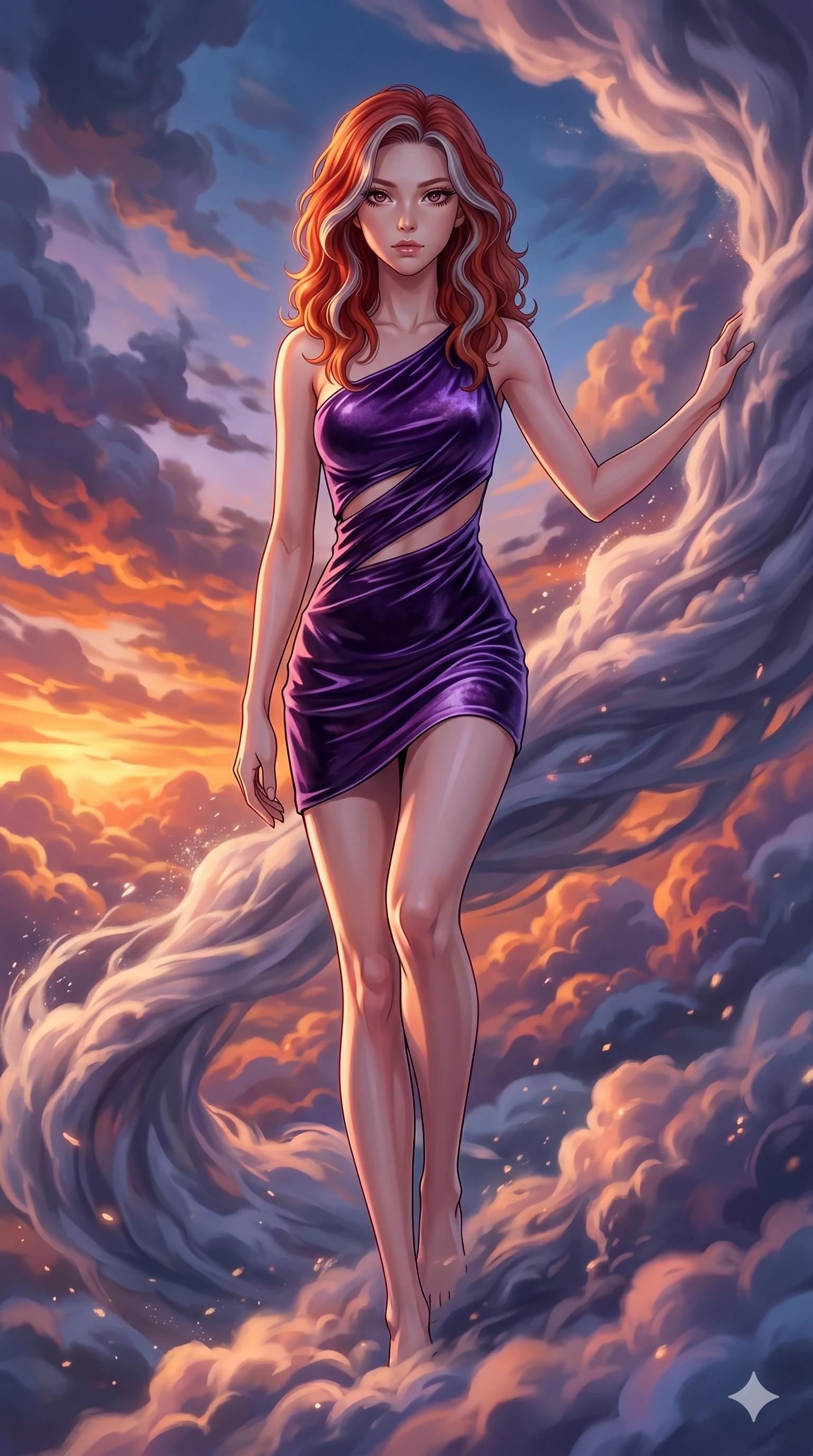 score_9, masterpiece, best quality, ultra-detailed, high-budget anime keyframe, Caucasian woman, strictly human ears. low angle full-body shot filling the entire 9:16 frame with her statuesque presence, stretching the vertical silhouette. threading through a volumetric cloud weave where storm clouds are spun like silk thread under a dramatic sunset glow. She has an absolutely perfect 8-heads proportion, an exceptionally tall and slender female figure with impossibly long slender legs and an ultra-slim waist. V-shaped jawline, high-bridge nose, intricate jewel-like eyes with depth, thick eyelashes, glossy lips with a natural sheen.. wearing an asymmetric liquid velvet slip dress, featuring a wet-look deep purple velvet one-shoulder mini slip with slanted slashed cutouts. accented by dynamic color-blocked lighting with high-contrast shadows emphasizing her statuesque height. 2k, ultra detail, master piece, 9:16 ratio