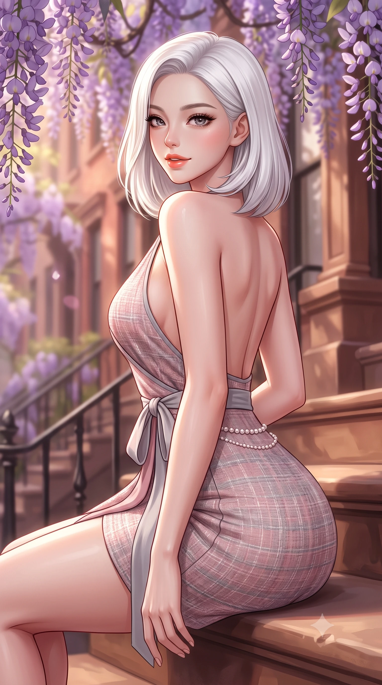 score_9, masterpiece, best quality, ultra-detailed, high-budget anime keyframe, semi-realistic 3D game render, editorial fashion photography, tasteful artistic composition, Korean woman. close-up cowboy shot from the waist and thighs up, the character dominates the composition, filling the frame with her large presence. posing in an alluring rear three-quarter angle, turning over a bare shoulder with an intoxicating cute smile, her hips cocked back to highlight her slim hourglass curve while sitting gracefully on the warm brownstone stone steps beneath cascading purple wisteria vines, arching her lower back with a radiant, cute smile. The composition keeps background elements in soft focus with dreamy creamy bokeh. blooming purple wisteria vines and tree-lined historic West Village brownstones blurred into soft lavender, warm terracotta, and gold bokeh. She has an exceptionally elegant, slender, and willowy female figure with an ultra-slim waist, flat toned midriff, narrow ribcage, and sculpted feminine hips creating an alluring, slim hourglass silhouette without bulk. sharp v-shaped jawline, high-bridge nose, intricate jewel-like sparkling eyes with depth, thick eyelashes, glossy parted lips with a natural peach sheen, bright cheerful beaming smile with an enchanting and coquettish sensual glint, exuding both youthful cute charm and seductive allure, flawlessly proportioned anatomical accuracy, strict slender model proportions, natural body alignment, perfectly sculpted long slender limbs, ultra-slim waistline, clean dynamic posture without body distortion. wearing a breezy wrap mini dress with a deep V-neckline and tie-waist accentuating her sculpted flat midriff and hips in dusty rose and soft dove grey, tailored from soft pastel tweed with subtle metallic shimmer, accented with a dainty pearl waist chain catching the ambient sunlight, the glove-like silhouette tightly following the natural contour of her hips and long slender legs with youthful 8.5-heads elegance. illuminated by warm sandstone stoop bounce light contouring her razor-sharp jawline, narrow waist, and curvy hips. highly saturated vibrant anime colors, detailed shading with soft gradients, rich glossy textures, high-contrast stereoscopic depth, volumetric dynamic lighting, master piece, 9:16 ratio