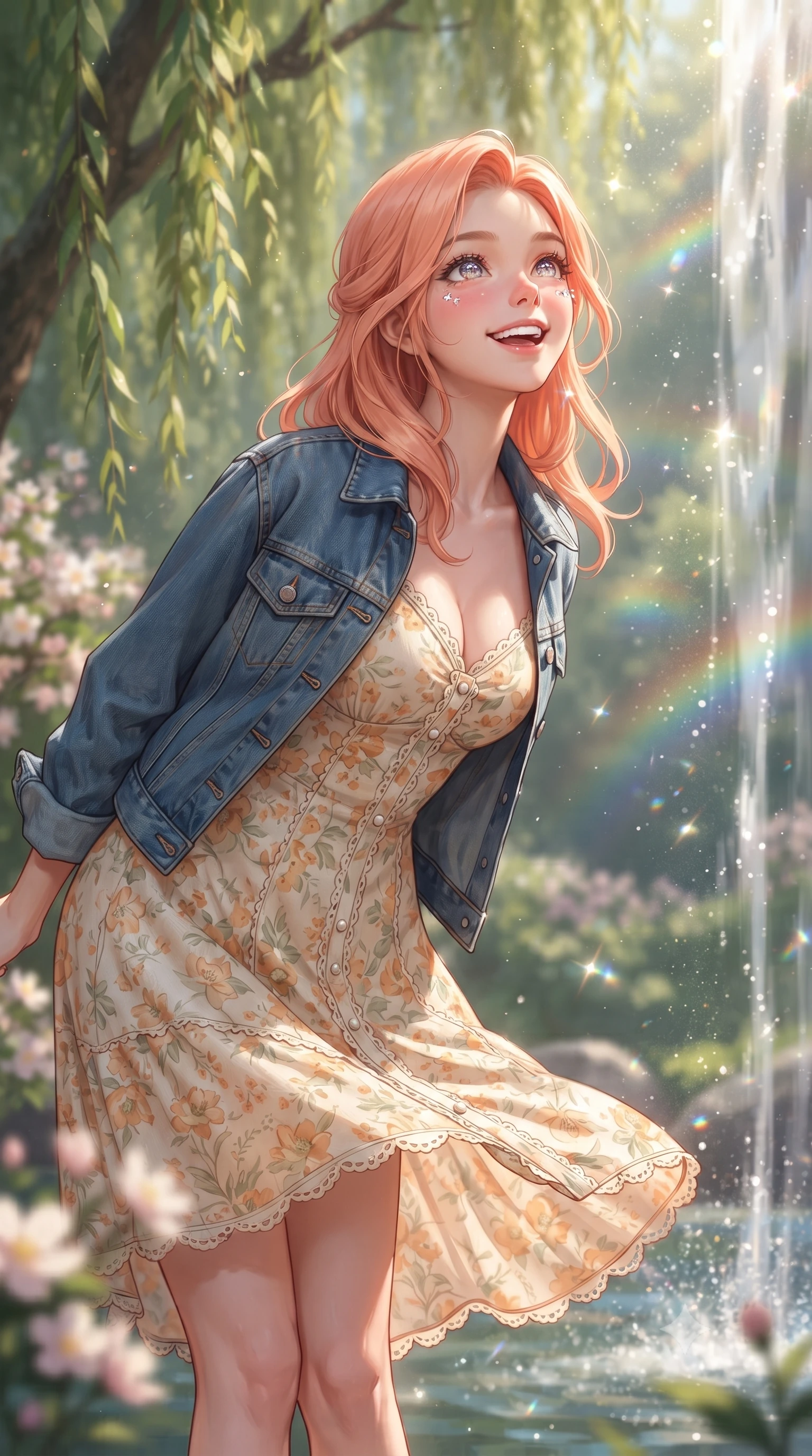score_9, masterpiece, best quality, ultra-detailed, high-budget anime keyframe, editorial fashion photography, tasteful artistic composition, Japanese woman. close-up cowboy shot from the waist and thighs up, the character dominates the composition, filling the frame with her large presence. radiating a joyful bright smile with sparkling jewel-like eyes and pure charming energy, leaning forward with playful grace while looking up at the shimmering waterfall with wonder and joy, water spray catching miniature rainbows in the sunlight. The composition keeps background elements in soft focus with creamy bokeh. ancient weeping willow branches and blooming woodland blossoms softened in dreamy shallow focus. She has an exceptionally elegant, slender, and willowy female figure with an ultra-slim waist, a gracefully sculpted slender torso, toned flat midriff, and a refined slim silhouette. sharp v-shaped jawline, high-bridge nose, intricate jewel-like eyes with depth, thick eyelashes, glossy lips with a natural sheen, pure and lovely fresh girlhood expression, flawlessly proportioned anatomical accuracy, strict slender model proportions, natural body alignment, perfectly sculpted long slender limbs, ultra-slim waistline, clean dynamic posture without body distortion. wearing a classic denim jacket worn lightly over shoulders with a floral print slip dress underneath in warm apricot and sage green, crafted from soft breathable linen that flutters gently in the breeze, finished with delicate scallop trims and tiny pearl buttons, the breezy lightweight fabric fluttering softly against her delicate collarbones, narrow waist, and feminine curves. surrounded by an enchanting, whimsical, and pure fairy-tale glen maiden aura. ultra-reflective glossy finish, specular highlights, rich natural textures, high-contrast stereoscopic depth, volumetric dynamic lighting, 2k, ultra detail, master piece, 9:16 ratio