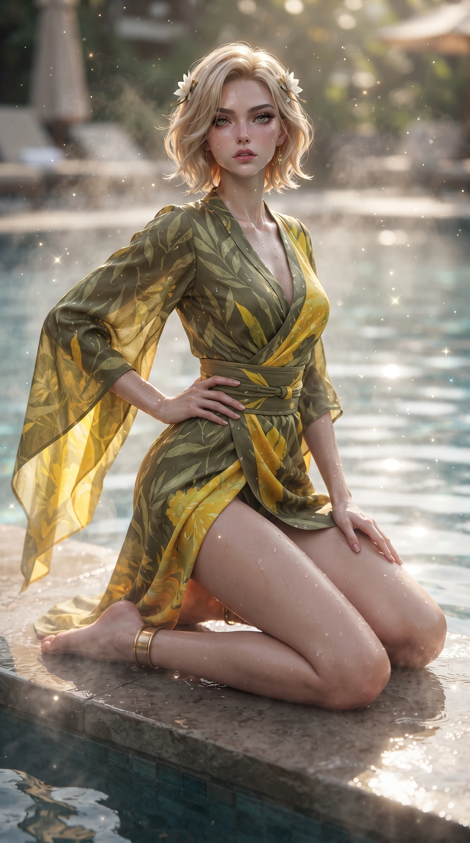 score_9, masterpiece, best quality, ultra-detailed, high-budget anime keyframe, editorial fashion photography, tasteful artistic composition, Caucasian woman. close-up cowboy shot from the waist and thighs up, the character dominates the composition, filling the frame with her large presence. tilting her chin up with proud, sovereign allure while gazing through thick eyelashes, one hand resting on her waist in pure supermodel charisma while kneeling gracefully on a wet stone pool step with one hand on her hip, thermal steam rising to caress her feminine curves. The composition keeps background elements in soft focus with creamy bokeh. shimmering pool caustics and floating pollen motes scattering ethereal luminescent sparkles. She has an exceptionally elegant, slender, and willowy female figure with an ultra-slim waist, a gracefully sculpted slender torso, toned flat midriff, and rounded feminine hips creating an alluring hourglass silhouette. sharp v-shaped jawline, high-bridge nose, intricate jewel-like eyes with depth, thick eyelashes, glossy parted lips with a natural sheen, intensely captivating and seductive bedroom-eyes expression, flawlessly proportioned anatomical accuracy, strict slender model proportions, natural body alignment, perfectly sculpted long slender limbs, ultra-slim waistline, clean dynamic posture without body distortion. wearing a traditional-modern silk fusion wrap dress with asymmetric trailing sleeves and waist-cinching obi in olive leaf green and bright solar yellow, crafted from breathable crinkled linen and lightweight modal knit, accessorized with delicate water-lily hairpins and minimalist gold ankle cuffs, the form-contouring material adhering flawlessly to her sculpted flat midriff and slender torso, emphasizing her long leg lines and perfectly proportioned willowy build. illuminated by wet specular highlights accentuating her slender neckline, sculpted waist, and rounded hips. ultra-reflective glossy finish, specular highlights, rich textural contrasts, high-contrast stereoscopic depth, volumetric dynamic lighting, 2k, ultra detail, master piece, 9:16 ratio