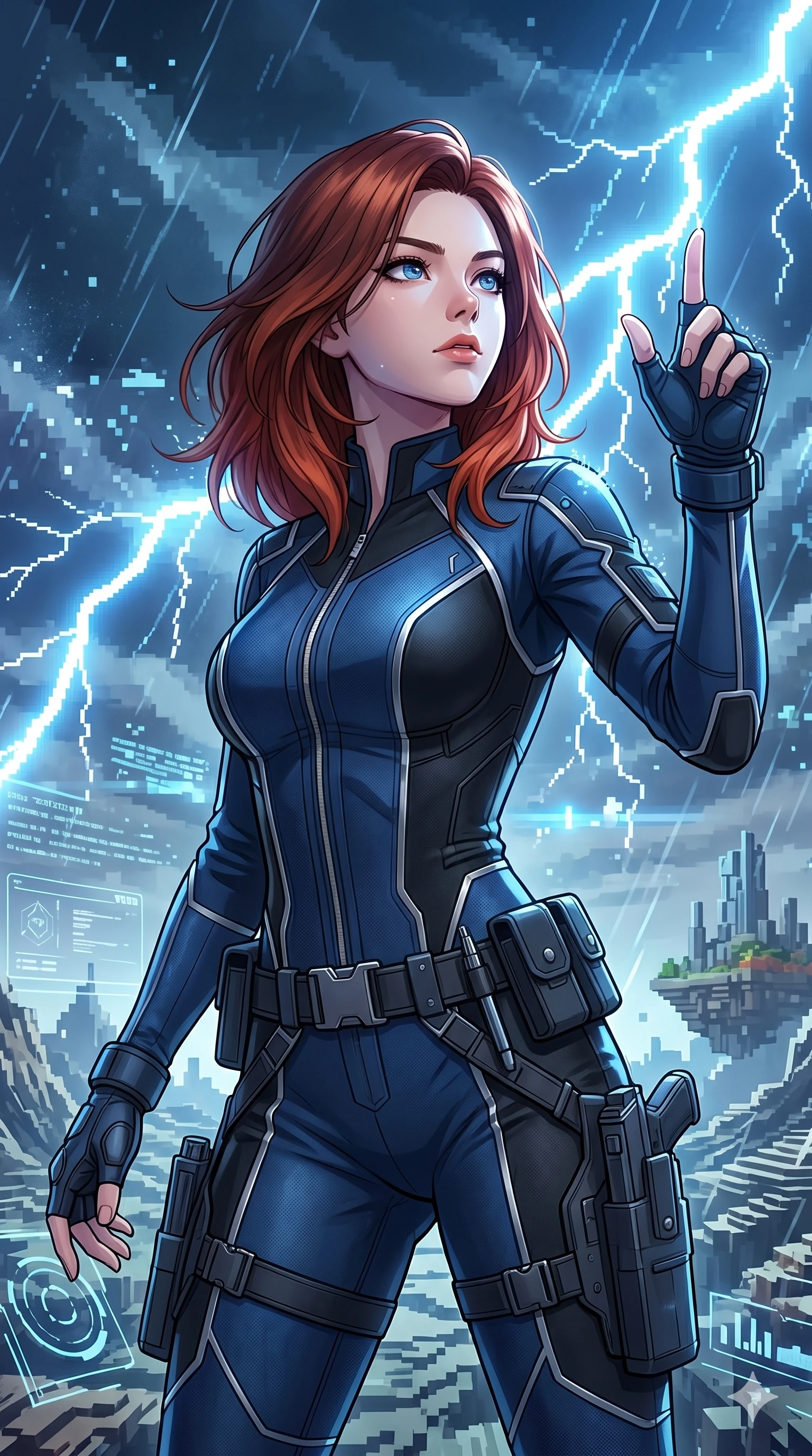score_9, masterpiece, best quality, ultra-detailed, high-budget anime keyframe, Korean woman. Upper body close-up from the thighs up, character filling the screen for maximum presence. Inside a virtual reality skybox during a pixelated storm, watching the lightning with a determined, confident look. She is wearing a tailored tech-jumpsuit with reflective silver piping and a utility belt. The scene is bathed in the flashing blue and white light of the pixelated lightning. 2k, ultra detail, master piece, 9:16 ratio