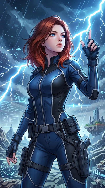 score_9, masterpiece, best quality, ultra-detailed, high-budget anime keyframe, Korean woman. Upper body close-up from the thighs up, character filling the screen for maximum presence. Inside a virtual reality skybox during a pixelated storm, watchin