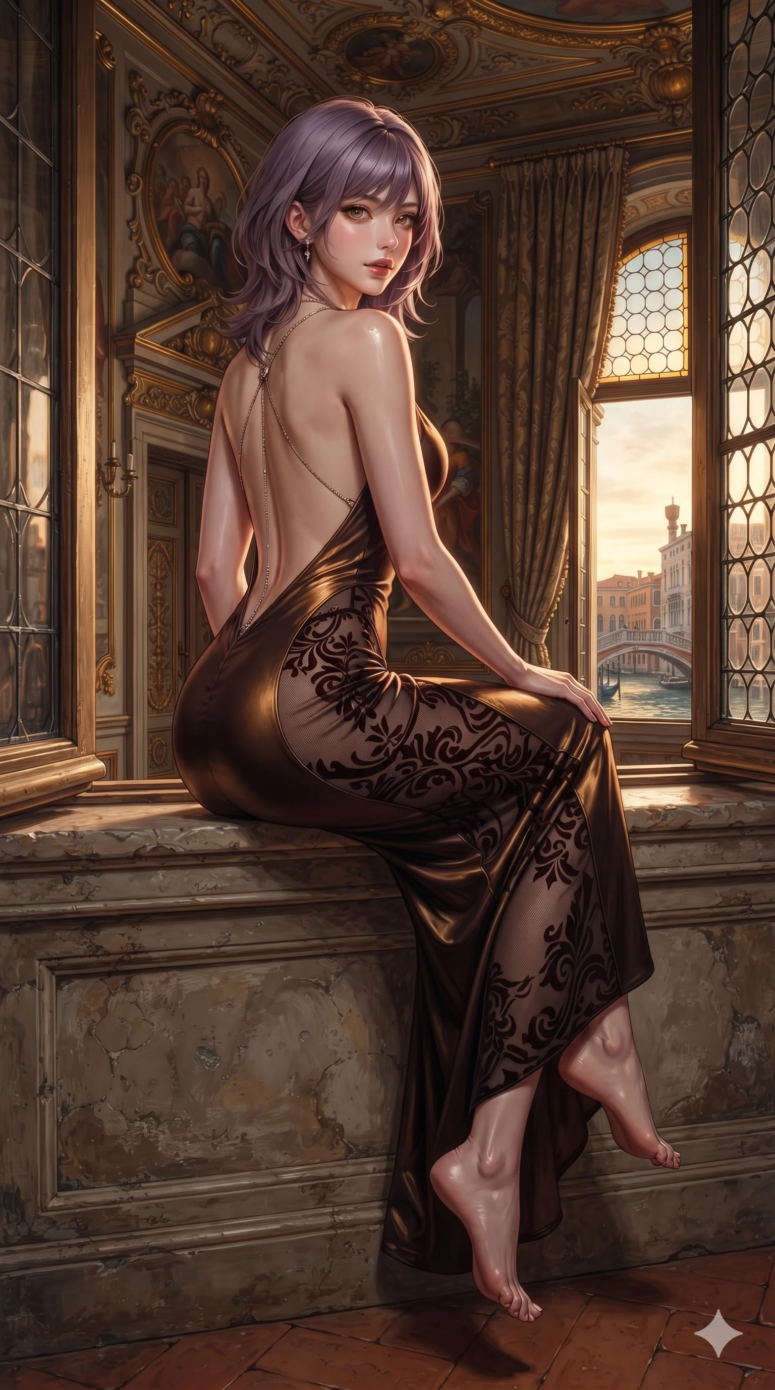 score_9, masterpiece, best quality, ultra-detailed, high-budget anime keyframe, editorial fashion photography, tasteful artistic composition, Japanese woman. low angle full-body shot from head to toe showing her feet, filling the entire 9:16 vertical frame with her statuesque presence, stretching her vertical silhouette. executing a slow, graceful pivot turn as her silk wrap skirt sways around her slender legs, glancing back with an enchanting, teasing sensual expression while sitting gracefully on the antique stone windowsill with legs crossed, flashing an enchanting smile with parted glossy lips. The surrounding environment is rendered in vivid detail and crisp panoramic clarity: detailed liquid-satin evening dress tailoring, delicate chain belts, and historic Venetian palace interiors in high resolution. She has an exceptionally tall and slender model-like 8.5-heads proportion, an ultra-slim waist, a flat toned midriff, narrow delicate ribcage, and beautifully sculpted feminine hips creating a graceful, slim hourglass silhouette without any bulky heaviness, with impossibly long slender legs. sharp v-shaped jawline, high-bridge nose, intricate jewel-like sparkling eyes with depth, thick eyelashes, glossy parted lips with a natural sheen, intensely captivating and seductive bedroom-eyes expression, exuding both youthful cute charm and sovereign luxury allure, flawlessly proportioned anatomical accuracy, strict slender model proportions, natural body alignment, perfectly sculpted long slender limbs, ultra-slim waistline, clean dynamic posture without body distortion. wearing a liquid-silk jersey evening gown with an ultra-deep plunging open back descending to the base of her spine and a sculpted hip-hugging skirt in dark espresso brown and molten gold foil, made of sheer contouring power-mesh with velvet flocking patterns, accented with a chrome-drop body harness subtly framing her dewy collarbones and spine, the glove-like clinging cut tightly following the natural contour of her hips and long slender legs with youthful 8.5-heads elegance. illuminated by terracotta floor bounce and sharp champagne-gold rim lights defining her razor-sharp jawline, narrow waist, and curvy hips. ultra-reflective glossy finish, specular highlights, rich textural contrasts, high-contrast stereoscopic depth, volumetric dynamic lighting, 2k, ultra detail, master piece, 9:16 ratio