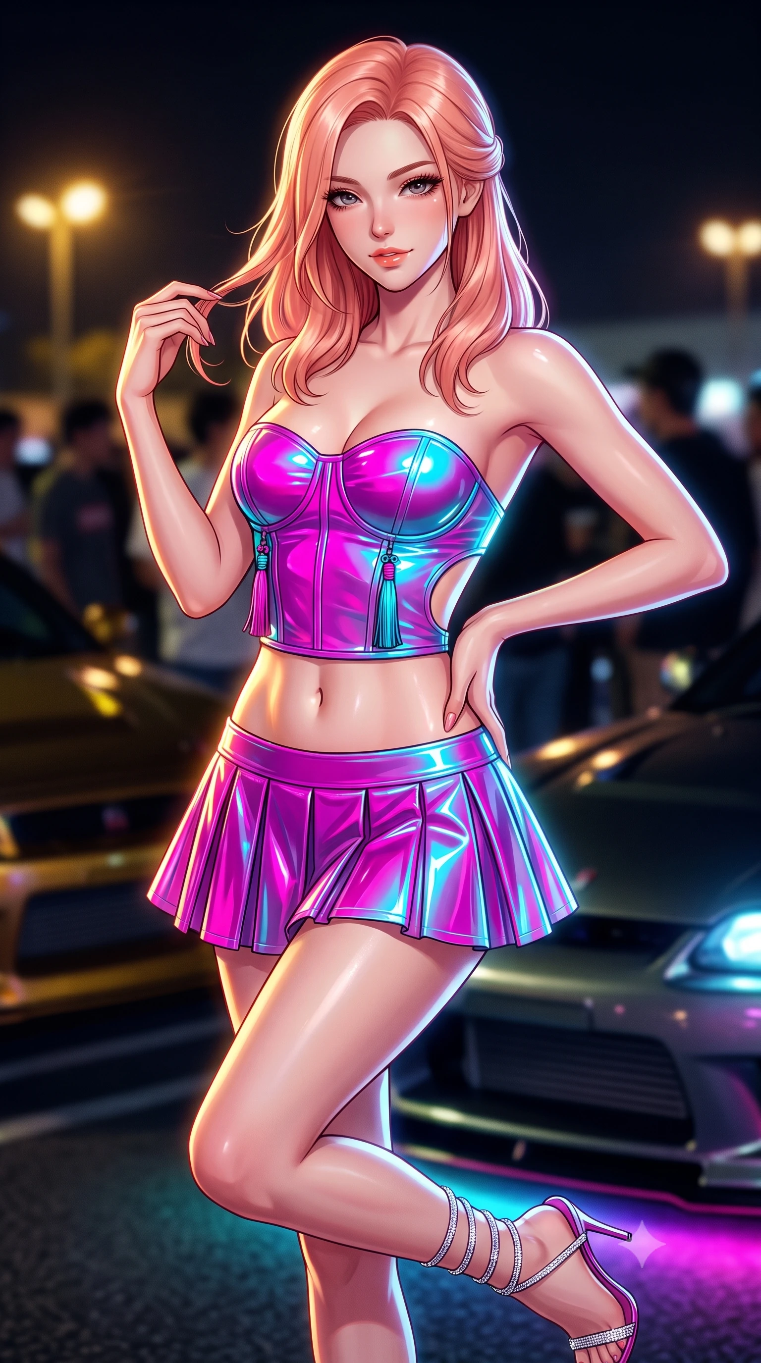 score_9, masterpiece, best quality, ultra-detailed, high-budget anime keyframe, semi-realistic 3D game render, editorial fashion photography, tasteful artistic composition, Japanese woman. close-up cowboy shot from the waist and thighs up, the character dominates the composition, filling the frame with her large presence. twisting her slender torso in an alluring contrapposto stance, one hand resting on her sculpted hip while her fingers toy with her hair with effortless poise while twisting her slender torso in an alluring S-curve, sodium parking lights and car underglow tracing her narrow waist and curvy hips. The background shows a soft-focus gathering car enthusiasts softened in legendary Japanese automotive shallow focus. She has an exceptionally elegant, slender, and willowy female figure with an ultra-slim waist, flat toned midriff, narrow ribcage, and sculpted feminine hips creating an alluring, slim hourglass silhouette without bulk. sharp v-shaped jawline, high-bridge nose, sparkling eyes with hypnotic seductive depth, thick curled eyelashes, glossy parted lips with a natural dewy peach sheen, alluring bedroom-eyes with an enchanting coquettish smile, exuding magnetic siren charisma and sophisticated glamour, flawlessly proportioned anatomical accuracy, strict slender model proportions, natural body alignment, perfectly sculpted long slender limbs, ultra-slim waistline, clean dynamic posture without body distortion. wearing a modern strapless boned hanbok bustier with traditional norigae tassel accents paired with a micro-pleated silk mini skirt in electric 80s magenta and neon cyan with chrome highlights, crafted from wet-look high-gloss vinyl fabric with dazzling specular surface reflections, complemented by strappy stiletto sandals with crystal ankle wraps accentuating her slender calves, the precision-cut side openings and low-back scoop framing her graceful spine and the sensual sweep of her slim, toned hips. illuminated by car hood specular bounce and sharp platinum rim lights sculpting her razor-sharp jawline, flat midriff, and curvaceous hips. highly saturated vibrant anime colors, detailed shading with soft gradients, rich glossy textures, high-contrast stereoscopic depth, volumetric dynamic lighting, master piece, 9:16 ratio