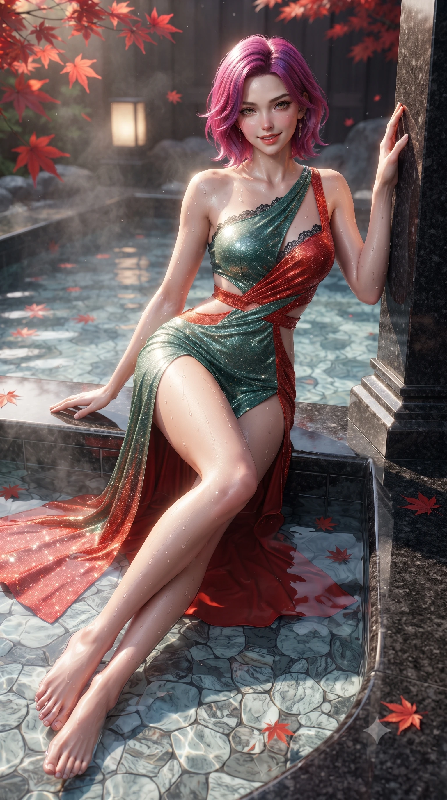 score_9, masterpiece, best quality, ultra-detailed, high-budget anime keyframe, editorial fashion photography, tasteful artistic composition, Caucasian woman. low angle full-body shot from head to toe showing her feet, filling the entire 9:16 vertical frame with her statuesque presence, stretching her vertical silhouette. standing tall beside the architectural column, one hand resting high while arching her lower back to emphasize her sculpted feminine hips and slender waist while lounging gracefully in the shallow hot spring propped on one elbow, her statuesque 8.5-heads silhouette radiating intimate Kyoto allure. The surrounding environment is rendered in vivid detail and crisp panoramic clarity: sharp flamed black granite stone texture, delicate red maple leaf veins, and water meniscus on dewy skin in deep focus. She has an absolutely perfect, statuesque 8.5-heads proportion, an exceptionally tall and slender model-like female figure with impossibly long slender legs, an ultra-slim waist, a flat toned midriff, narrow delicate ribcage, and beautifully sculpted feminine hips creating a graceful, slim hourglass silhouette without any bulky heaviness. sharp v-shaped jawline, high-bridge nose, sparkling eyes with hypnotic seductive depth, thick curled eyelashes, glossy parted lips with a natural dewy peach sheen, alluring bedroom-eyes with an enchanting coquettish smile, exuding magnetic siren charisma and sophisticated glamour, flawlessly proportioned anatomical accuracy, strict slender model proportions, natural body alignment, perfectly sculpted long slender limbs, ultra-slim waistline, clean dynamic posture without body distortion. wearing an asymmetric one-shoulder liquid jersey gown with dramatic hip-high slit and sculptural waist cutout in Kyoto bamboo jade and lacquer vermilion, woven from stretch metallic lurex jersey casting radiant starlight glints across her silhouette, finished with scalloped eyelash lace trim framing her sweetheart neckline with intimate elegance, the form-contouring silhouette accentuating her sculpted flat midriff, narrow delicate ribcage, and gracefully curvy hips with intoxicating allure. illuminated by steam particle light scatter and sharp crimson-gold rim lights defining her delicate clavicles, ultra-slim waist, and curvy hips. ultra-reflective glossy finish, specular highlights, rich textural contrasts, high-contrast stereoscopic depth, volumetric dynamic lighting, 2k, ultra detail, master piece, 9:16 ratio