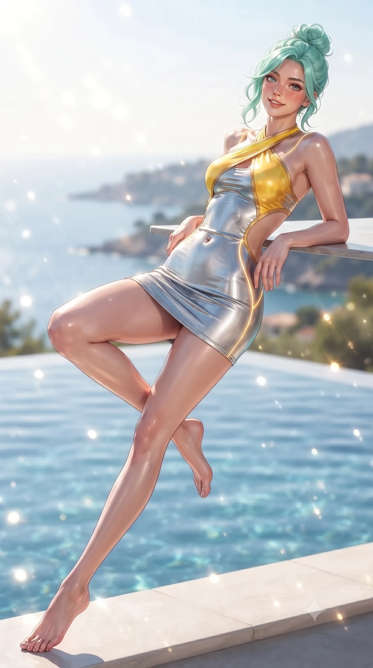 score_9, masterpiece, best quality, ultra-detailed, high-budget anime keyframe, editorial fashion photography, tasteful artistic composition, Japanese woman. low angle full-body shot from head to toe showing her feet, filling the entire 9:16 vertical frame with her statuesque presence, stretching her vertical silhouette. leaping through mid-air with an athletic yet alluring arch of her spine, her impossibly long slender legs stretched in flawless poise while resting her elbows on the infinity pool edge with an alluring, sun-kissed smile looking directly into the lens. The composition keeps background elements in soft focus with creamy bokeh. brilliant Mediterranean sunlight scattering bright specular highlights across a soft-focus backdrop. She has an absolutely perfect, statuesque 8.5-heads proportion, an exceptionally tall and slender model-like female figure with impossibly long slender legs, a toned flat midriff, and an ultra-slim waist. sharp v-shaped jawline, high-bridge nose, intricate jewel-like eyes with depth, thick eyelashes, glossy lips with a natural sheen, flawlessly proportioned anatomical accuracy, strict slender model proportions, natural body alignment, perfectly sculpted long slender limbs, ultra-slim waistline, clean dynamic posture without body distortion. wearing a molten silver liquid-metal mini dress featuring deep side-waist cutouts and a daring crossover halter neckline in vibrant sunburst canary yellow and gold trim, made of liquid metal jersey that clings flawlessly to every contour of her build, accented with glowing fiber-optic seams tracing her collarbones and hip curves, the form-contouring material adhering flawlessly to her sculpted flat midriff and slender torso, emphasizing her long leg lines and perfectly proportioned willowy build. illuminated by clear sky fill light and sparkling specular highlights tracing her slender curves. ultra-reflective glossy finish, specular highlights, metallic sheen, high-contrast stereoscopic depth, volumetric dynamic lighting, 2k, ultra detail, master piece, 9:16 ratio