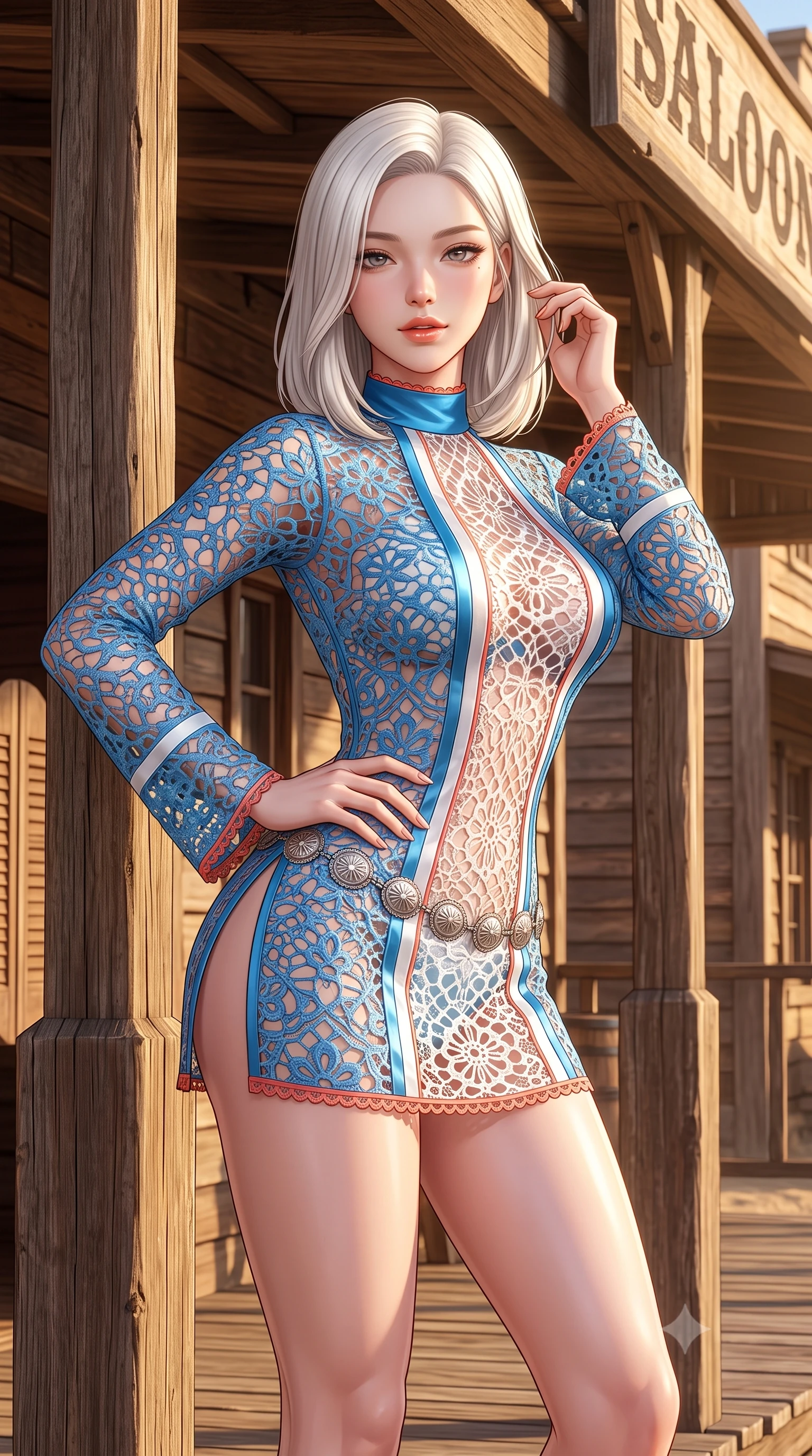 score_9, masterpiece, best quality, ultra-detailed, high-budget anime keyframe, semi-realistic 3D game render, editorial fashion photography, tasteful artistic composition, Korean woman. close-up cowboy shot from the waist and thighs up, the character dominates the composition, filling the frame with her large presence. twisting her slender torso in an alluring contrapposto stance, one hand resting on her sculpted hip while her fingers toy with her hair with effortless poise while standing poised between the saloon porch timber pillars with hips cocked back, arching her spine with seductive gunslinger allure. The surrounding environment is rendered in vivid detail and crisp panoramic clarity: sharp rough-sawn cedar plank grain, rusted iron square nails, and weathered saloon sign lettering in deep focus. She has an exceptionally elegant, slender, and willowy female figure with an ultra-slim waist, flat toned midriff, narrow ribcage, and sculpted feminine hips creating an alluring, slim hourglass silhouette without bulk. sharp v-shaped jawline, high-bridge nose, sparkling eyes with hypnotic seductive depth, thick curled eyelashes, glossy parted lips with a natural dewy peach sheen, alluring bedroom-eyes with an enchanting coquettish smile, exuding magnetic siren charisma and sophisticated glamour, flawlessly proportioned anatomical accuracy, strict slender model proportions, natural body alignment, perfectly sculpted long slender limbs, ultra-slim waistline, clean dynamic posture without body distortion. wearing a provocative high-neck sheer illusion beach coverup with liquid satin ribbons contouring her curves in Mediterranean cerulean blue and optic white with coral trims, made of delicate semi-sheer crochet lace with intricate openwork floral knit, accented with an intricate silver concho waist chain resting loosely on her curvy hips, the glove-like clinging cut tightly following the natural contour of her hips and long slender legs with youthful 8.5-heads elegance. bathed in late afternoon golden sunlight filtering horizontally under the timber porch eaves. highly saturated vibrant anime colors, detailed shading with soft gradients, rich glossy textures, high-contrast stereoscopic depth, volumetric dynamic lighting, master piece, 9:16 ratio
