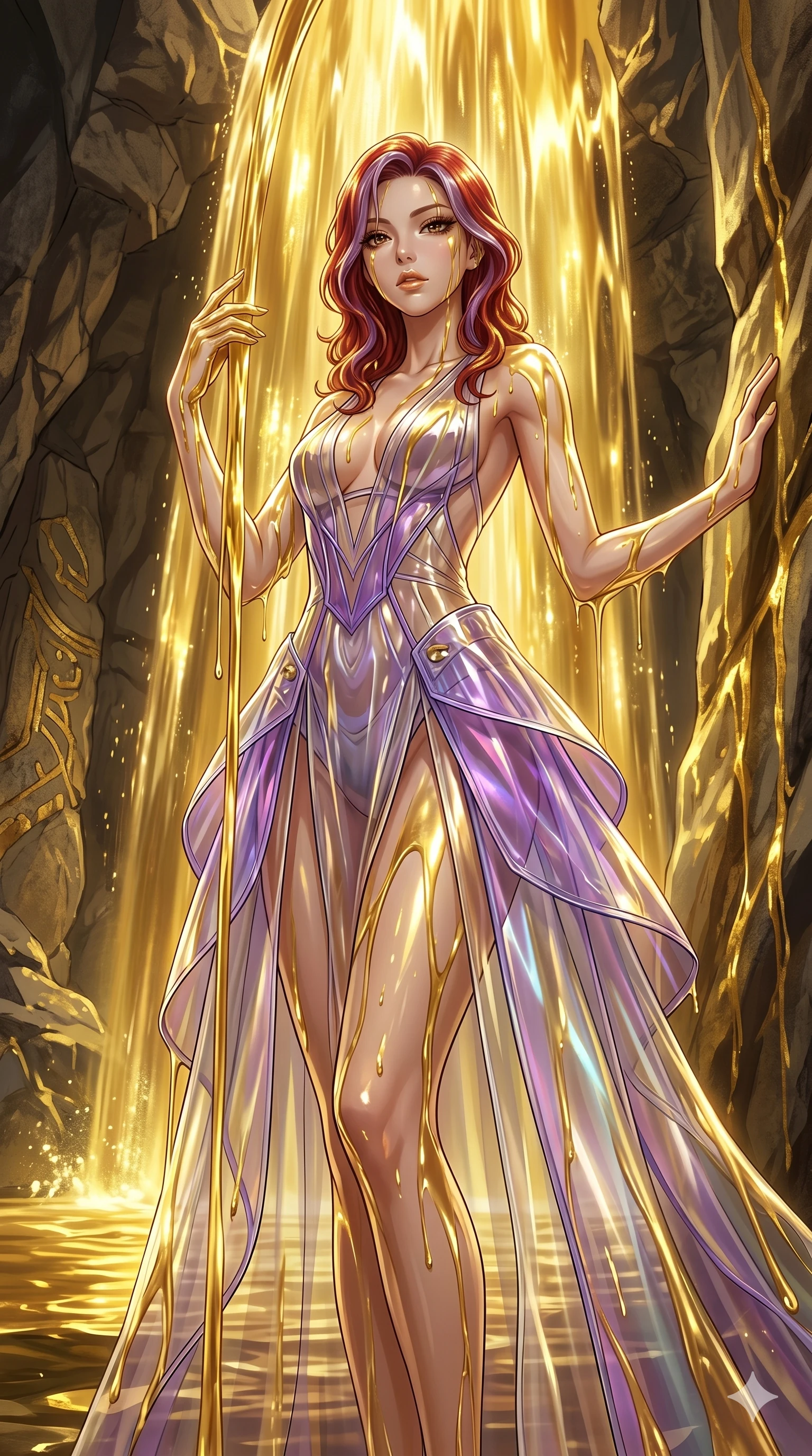 score_9, masterpiece, best quality, ultra-detailed, High-budget Anime Keyframe, East Asian woman. Low angle cowboy shot filling the entire 9:16 frame with her statuesque presence. Scenario 299: Standing under a waterfall of liquid gold, the fluid coating her form. Her presence is magnetic and overpowering in this high-budget anime scene. Outfit 299: A translucent PVC sheer with a backless design and translucent layers. The clothing is designed to emphasize her exceptionally tall and slender 8-heads proportion. 8-heads proportion, towering silhouette, ultra-slim waist. sharp v-shaped jawline, intricate jewel-like eyes with depth, thick eyelashes, glossy lips. 2k, ultra detail, master piece, 9:16 ratio