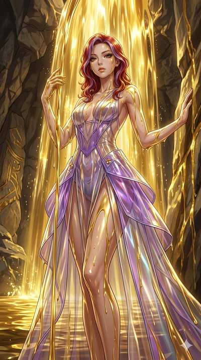 score_9, masterpiece, best quality, ultra-detailed, High-budget Anime Keyframe, East Asian woman. Low angle cowboy shot filling the entire 9:16 frame with her statuesque presence. Scenario 299: Standing under a waterfall of liquid gold, the fluid coa