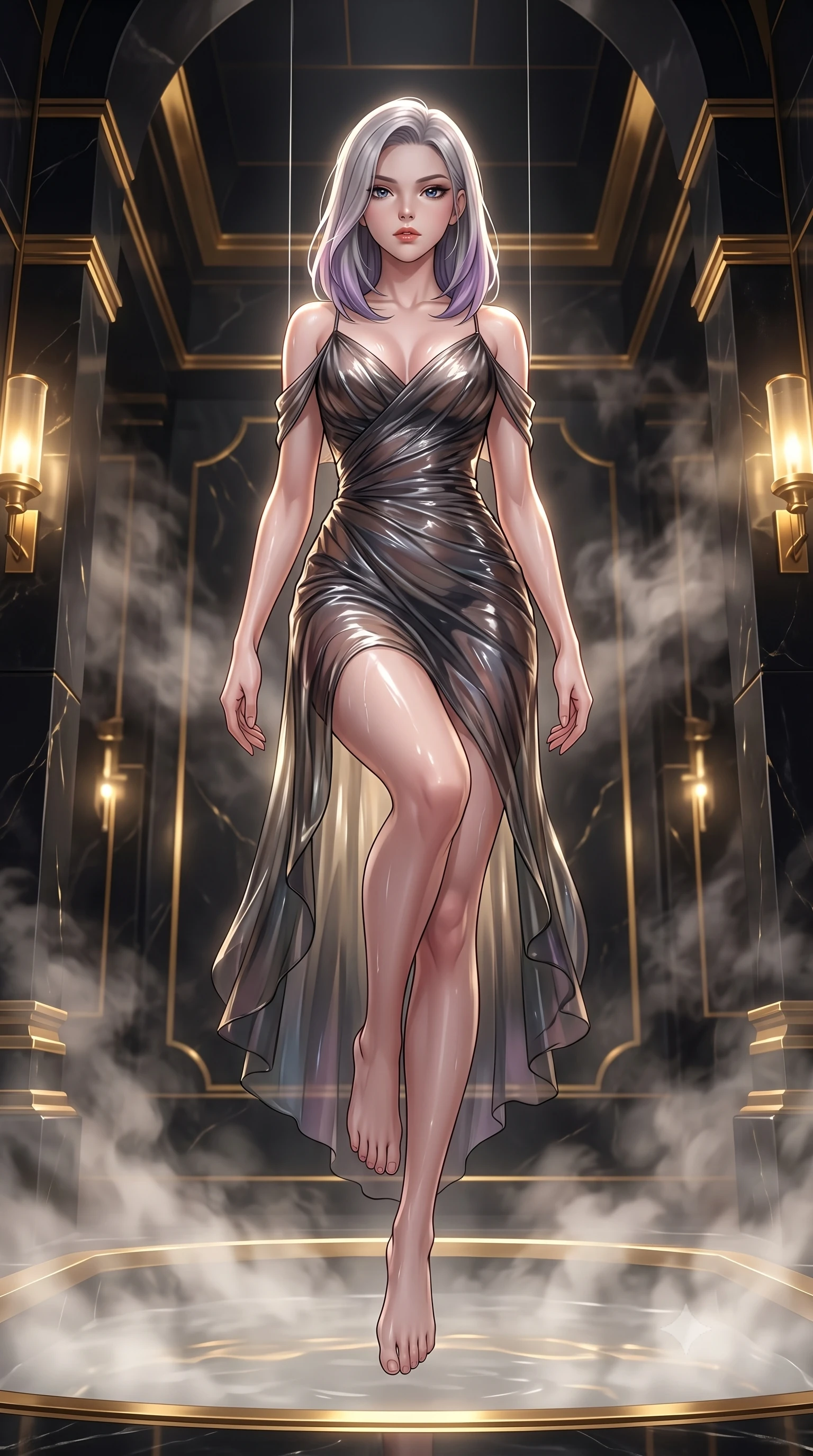 score_9, masterpiece, best quality, ultra-detailed, High-budget Anime Keyframe, Caucasian woman, strictly human ears. Low angle cowboy shot filling the entire 9:16 frame with her statuesque presence. Scenario 359: suspended by invisible silk threads inside a steam-filled bathhouse built of black obsidian stone and gold accents. Her presence is magnetic and overpowering in this high-budget anime scene. Outfit 359: a tailored shimmering chiffon dangerous with a low-cut shoulder and wet-look texture. The clothing is designed to emphasize her exceptionally tall and slender 8-heads proportion. 8-heads proportion, towering silhouette, ultra-slim waist. sharp v-shaped jawline, intricate jewel-like eyes with depth, thick eyelashes, glossy lips. 2k, ultra detail, master piece, 9:16 ratio