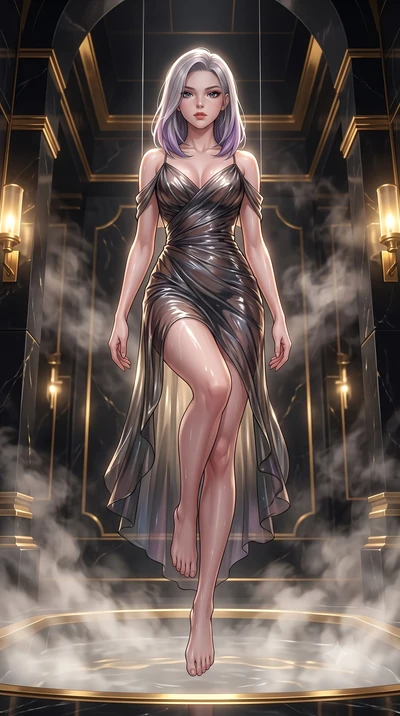 score_9, masterpiece, best quality, ultra-detailed, High-budget Anime Keyframe, Caucasian woman, strictly human ears. Low angle cowboy shot filling the entire 9:16 frame with her statuesque presence. Scenario 359: suspended by invisible silk threads 