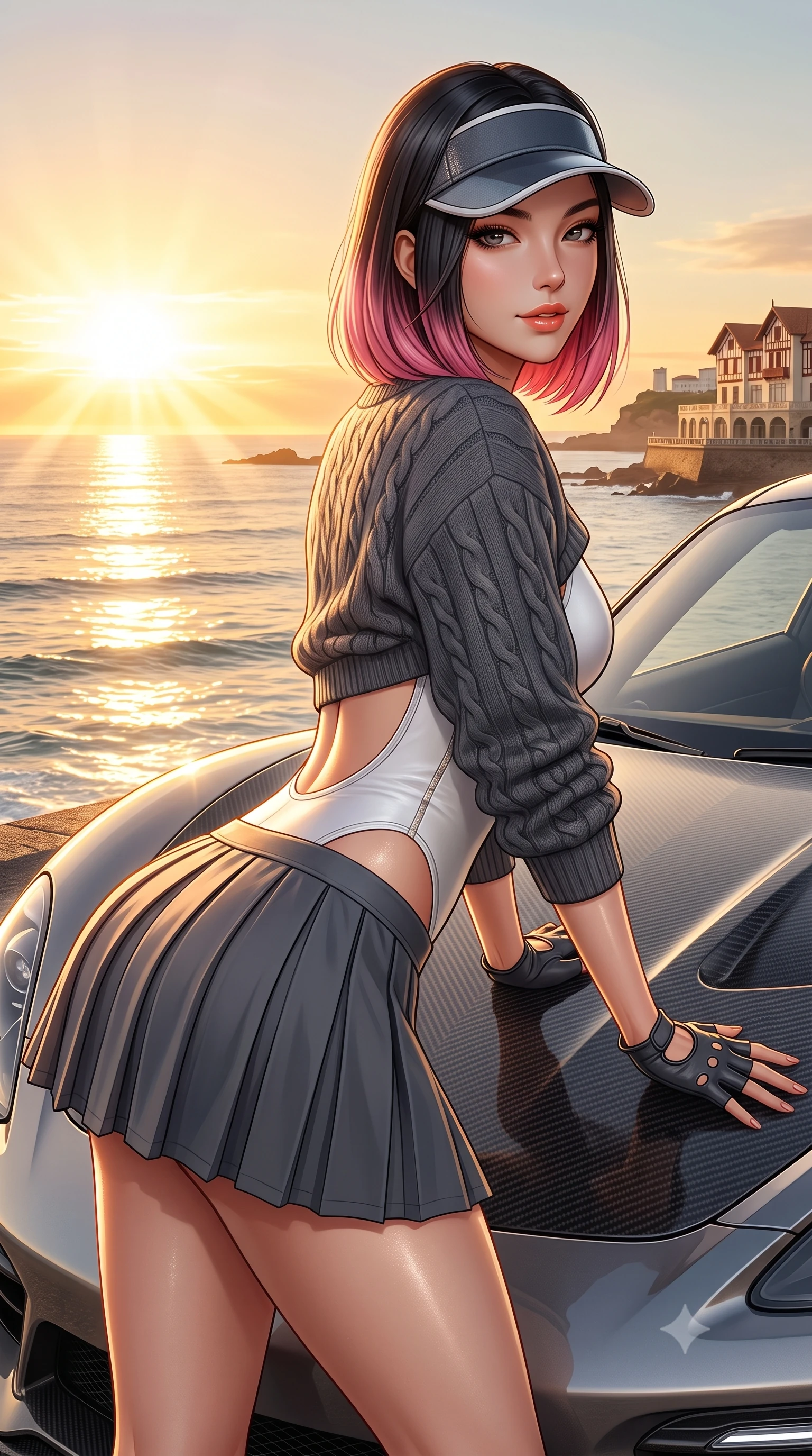 score_9, masterpiece, best quality, ultra-detailed, high-budget anime keyframe, semi-realistic 3D game render, editorial fashion photography, tasteful artistic composition, Korean woman. close-up cowboy shot from the waist and thighs up, the character dominates the composition, filling the frame with her large presence. leaning forward over the carbon car hood while arching her lower back to accentuate her curvy hips, looking into the camera with a confident smoldering smile and bedroom-eyes while twisting her slender torso in an alluring contrapposto stance, salty ocean spray and sunset breezes molding her pleated skirt to her hips. The surrounding environment is rendered in vivid detail and crisp panoramic clarity: detailed piqué knit weave, sun-kissed skin sheen, and historic French Basque sports architecture in high resolution. She has an exceptionally elegant, slender, and willowy female figure with an ultra-slim waist, flat toned midriff, narrow ribcage, and sculpted feminine hips creating an alluring, slim hourglass silhouette without bulk. sharp v-shaped jawline, high-bridge nose, sparkling eyes with athletic focus and depth, thick curled eyelashes, glossy parted lips with a natural coral-peach sheen, bright confident and coquettish smile with alluring bedroom-eyes, exuding both youthful sporty vigor and sovereign high-society glamour, flawlessly proportioned anatomical accuracy, strict slender model proportions, natural body alignment, perfectly sculpted long slender limbs, ultra-slim waistline, clean dynamic posture without body distortion. wearing a luxurious cashmere cable-knit tennis sweater draped over a liquid-tight white leather racerback bodysuit in speedway charcoal slate and optic white accents, woven from metallic lurex and technical nylon with subtle starlight glints, accented with a sporty retro tennis visor and fingerless leather driving gloves, the precision-cut side openings and low-back scoop framing her graceful spine and the sensual sweep of her slim, athletic hips. bathed in intense golden sunset rays breaking horizontally across the Atlantic Ocean. highly saturated vibrant anime colors, detailed shading with soft gradients, rich glossy textures, high-contrast stereoscopic depth, volumetric dynamic lighting, master piece, 9:16 ratio