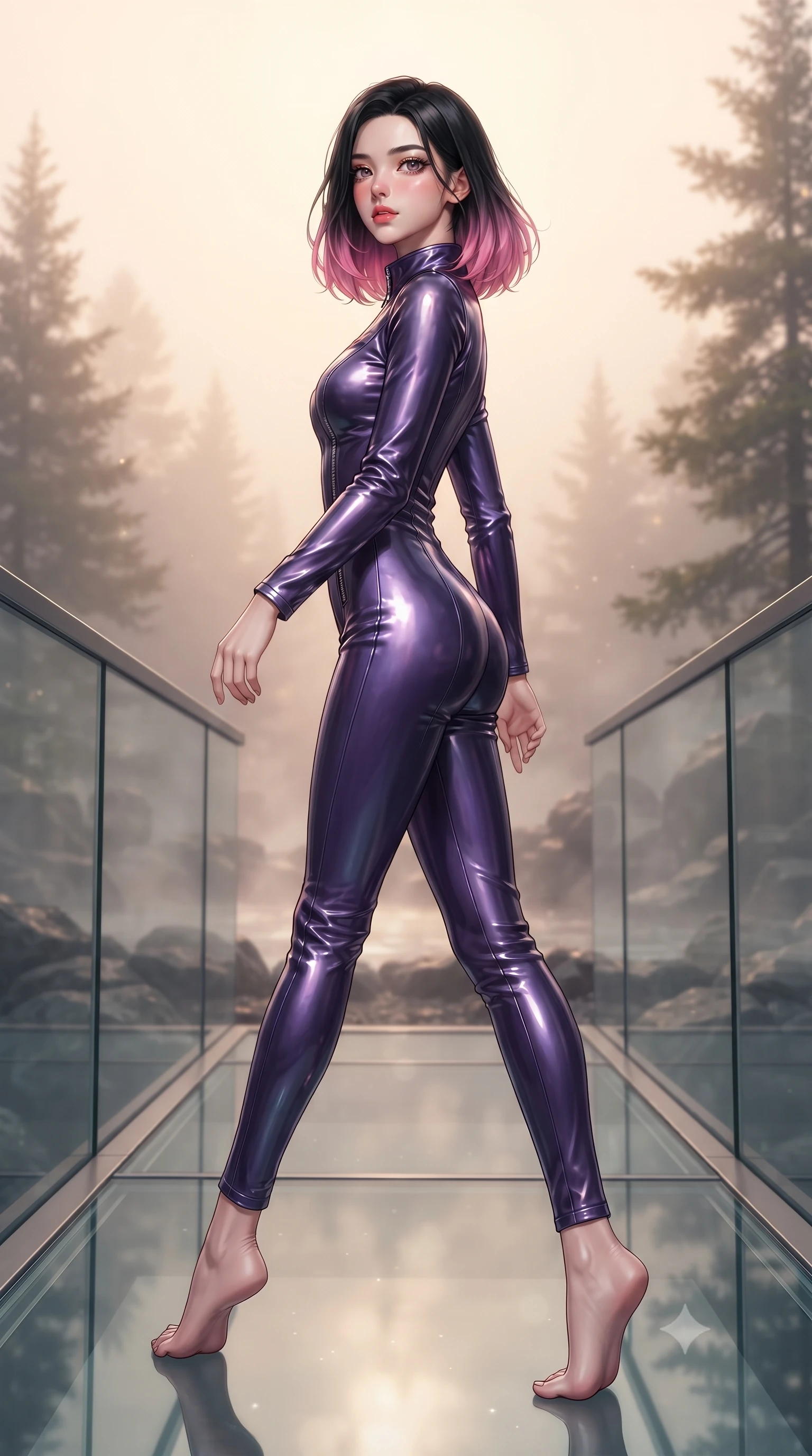score_9, masterpiece, best quality, ultra-detailed, high-budget anime keyframe, editorial fashion photography, tasteful artistic composition, Korean woman. low angle full-body shot from head to toe showing her feet, filling the entire 9:16 vertical frame with her statuesque presence, stretching her vertical silhouette. walking slowly along a glass skybridge, looking back over her shoulder with an air of effortless grace, the background shows a soft-focus a volcanic glass hot spring surrounded by basalt rocks and pine trees. She has an absolutely perfect, statuesque 8.5-heads proportion, an exceptionally tall and slender model-like female figure with impossibly long slender legs and an ultra-slim waist. sharp v-shaped jawline, high-bridge nose, intricate jewel-like eyes with depth, thick eyelashes, glossy lips with a natural sheen. wearing a form-contouring form-contouring pilot flight suit in deep purple liquid vinyl, featuring a snug mock-neck and chrome zippers. soft morning mist diffusing the warm starlight, creating a cozy wash. ultra-reflective glossy finish, specular highlights, metallic sheen, high-contrast stereoscopic depth, volumetric dynamic lighting, 2k, ultra detail, master piece, 9:16 ratio