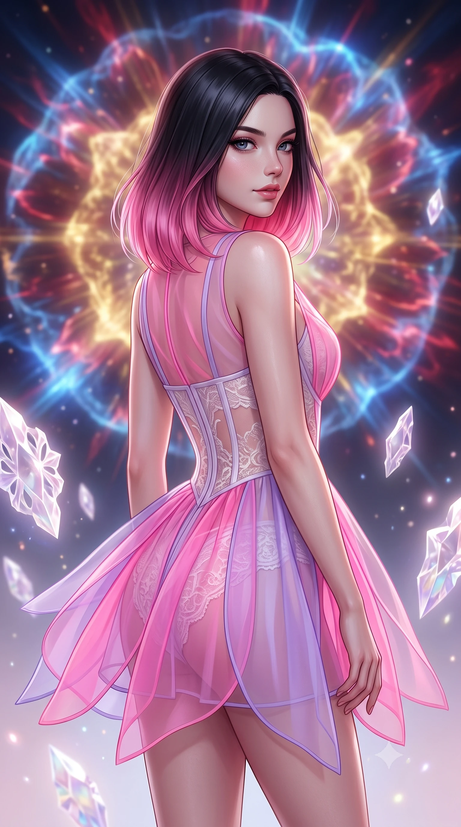 score_9, masterpiece, best quality, ultra-detailed, high-budget anime keyframe, editorial fashion photography, tasteful artistic composition, Korean woman. close-up cowboy shot from the waist and thighs up, the character dominates the composition, filling the frame with her large presence, background elements kept in soft focus. Glancing sidelong over her shoulder with a smoldering half-smile. set against a soft-focus background of witnessing the controlled explosion of a dying star whose energy releases in breathtaking slow-motion petals of pure light each layer peeling away in expanding shells of gold crimson and electric blue. She has an exceptionally elegant and slender, willowy female figure with an ultra-slim waist, a gracefully sculpted slender torso, and a refined slim physique. sharp v-shaped jawline, high-bridge nose, intricate jewel-like eyes with depth, thick eyelashes, glossy lips with a natural sheen. wearing a sheer organza mini dress in color-blocked neon pink and lavender, layered over a white lace underlayer with visible corset boning. ethereal pearlescent light emanating from floating crystalline formations all around. 2k, ultra detail, master piece, 9:16 ratio