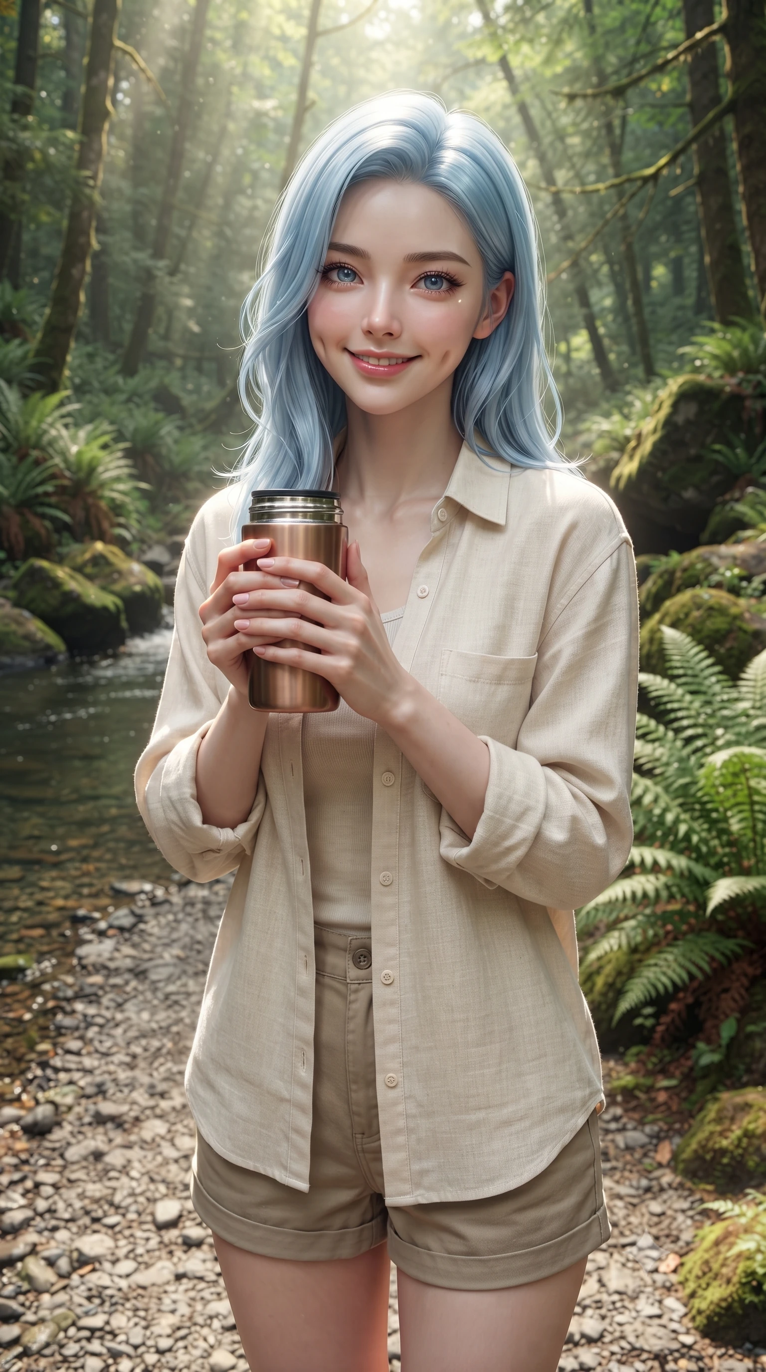 score_9, masterpiece, best quality, ultra-detailed, high-budget anime keyframe, editorial fashion photography, tasteful artistic composition, Korean woman. close-up cowboy shot from the waist and thighs up, the character dominates the composition, filling the frame with her large presence, background elements kept in soft focus. smiling with soft, cute dimples, holding a warm cup of tea with both hands set against a soft-focus background of on a gravel bank of a forest stream surrounded by tall ferns and trees holding a thermos mug of warm tea, smiling cozy at the camera. She has an exceptionally elegant, slender, and willowy female figure with an ultra-slim waist, a gracefully sculpted slender torso, and a refined silhouette. sharp v-shaped jawline, high-bridge nose, intricate jewel-like eyes with depth, thick eyelashes, glossy lips with a natural sheen. wearing tailored comfortable linen shirt in cream, worn over a tank top and cotton shorts. dappled sunbeams filtering through the dense green forest canopy. ultra-reflective glossy finish, specular highlights, metallic sheen, high-contrast stereoscopic depth, volumetric dynamic lighting, 2k, ultra detail, master piece, 9:16 ratio