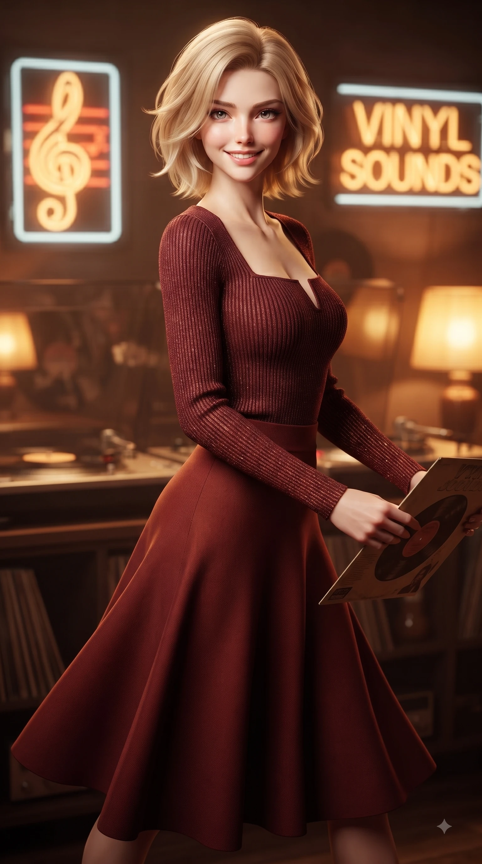 score_9, masterpiece, best quality, ultra-detailed, high-budget anime keyframe, editorial fashion photography, tasteful artistic composition, Caucasian woman. close-up cowboy shot from the waist and thighs up, the character dominates the composition, filling the frame with her large presence. Gazing directly into the camera with a fresh, infectious smile as her torso curves dynamically in mid-stride while pivoting dynamically near a neon music sign while holding a vintage record sleeve. The composition keeps background elements in soft focus with dreamy bokeh. turntables and neon music signs softened by gentle warm depth of field. She has an exceptionally elegant, slender, and willowy female figure with an ultra-slim waist, a gracefully sculpted slender torso, and a refined silhouette. sharp v-shaped jawline, high-bridge nose, intricate jewel-like eyes with depth, thick eyelashes, glossy lips with a natural sheen, flawlessly proportioned anatomical accuracy, natural body alignment, perfectly sculpted elegant limbs, clean dynamic posture without body distortion. wearing a chic square-neck ribbed top paired with a flowing A-line midi skirt in deep burgundy red and bronze accent, knitted from soft cozy cashmere yarn, accented with a Tasteful chest slit framing her clavicle gracefully, the elegant draped fit framing her graceful clavicle and slender torso. bathed in warm golden amber lamp glow and retro neon rim light. ultra-reflective glossy finish, specular highlights, metallic sheen, high-contrast stereoscopic depth, volumetric dynamic lighting, 2k, ultra detail, master piece, 9:16 ratio