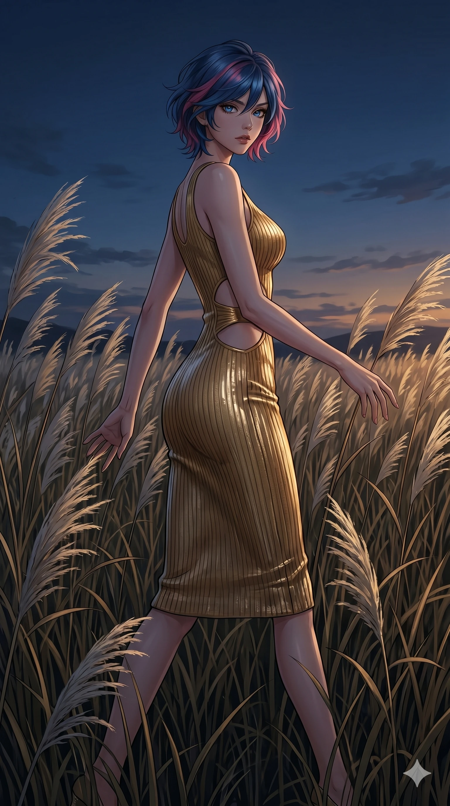 score_9, masterpiece, best quality, ultra-detailed, High-budget Anime Keyframe, East Asian woman. Dynamic full-body shot stretching the vertical silhouette to the limit. Scenario 298: Walking through a field of tall silver grass at twilight. Her presence is magnetic and overpowering in this high-budget anime scene. Outfit 298: A ribbed bodycon knit gold with a strategic side cut-outs and wet-look texture. The clothing is designed to emphasize her exceptionally tall and slender 8-heads proportion. 8-heads proportion, towering silhouette, ultra-slim waist. sharp v-shaped jawline, intricate jewel-like eyes with depth, thick eyelashes, glossy lips. 2k, ultra detail, master piece, 9:16 ratio