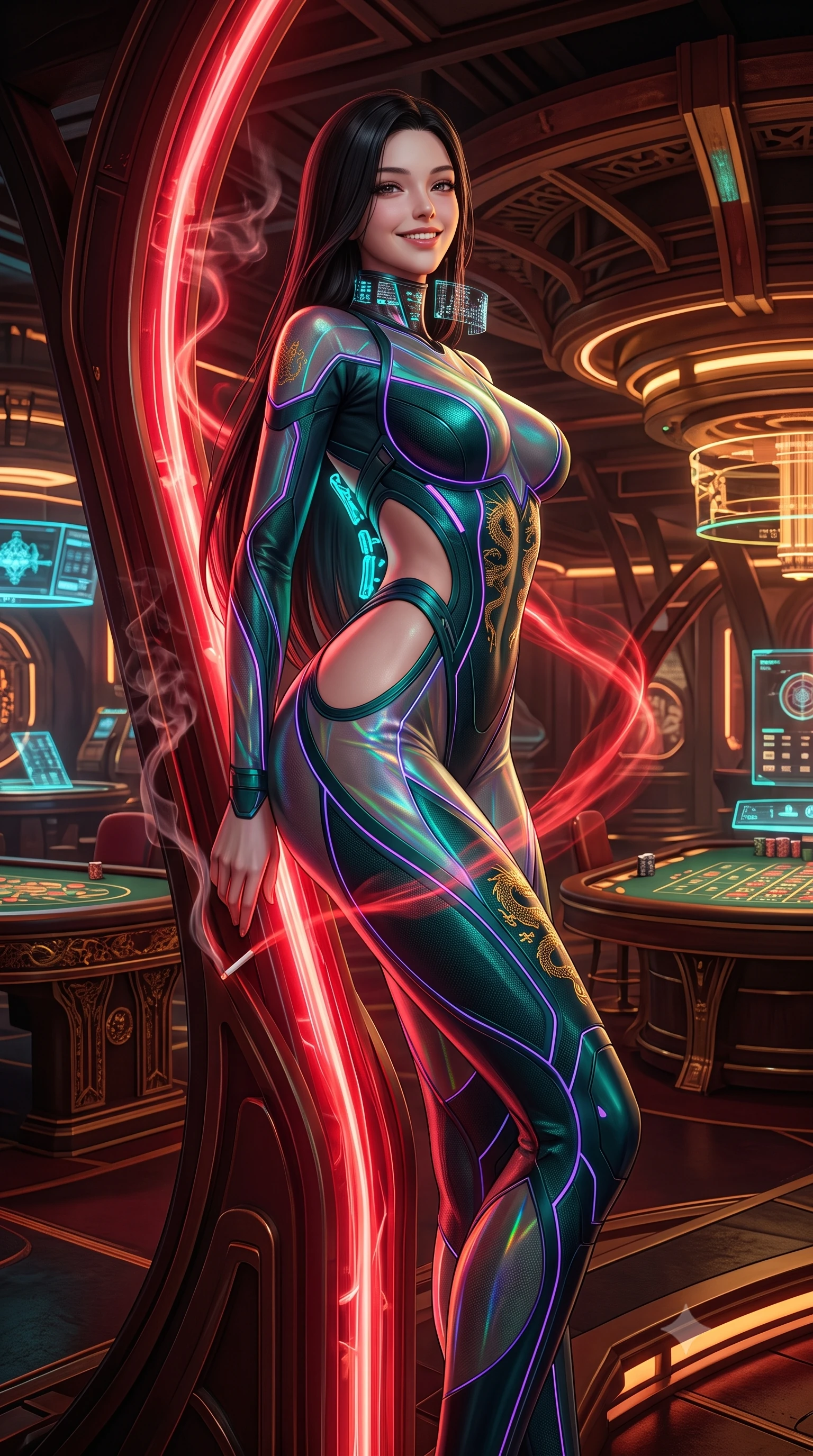 score_9, masterpiece, best quality, ultra-detailed, high-budget anime keyframe, semi-realistic 3D game render, editorial fashion photography, tasteful artistic composition, Korean woman. low angle full-body shot from head to toe showing her feet, filling the entire 9:16 vertical frame with her statuesque presence, stretching her vertical silhouette. leaning deep against the glowing energy conduit with hips cocked back in an unapologetically alluring high-fashion stance, flashing a warm beaming smile while twisting her slender torso in an alluring S-curve, swirling crimson light and cigarette smoke tracing her tight suit and hourglass curves. The surrounding environment is rendered in vivid detail and crisp panoramic clarity: detailed suit fabric weave, gold dragon embroidery glints, and underground casino architecture in razor-sharp precision. She has an absolutely perfect, statuesque 8.5-heads proportion, an exceptionally tall and slender model-like female figure with impossibly long slender legs, an ultra-slim waist, a flat toned midriff, narrow delicate ribcage, and beautifully sculpted feminine hips creating a graceful, slim hourglass silhouette without any bulky heaviness. sharp v-shaped jawline, high-bridge nose, intricate jewel-like sparkling eyes with depth, thick eyelashes, glossy parted lips with a natural sheen, bright confident smile with an enchanting and coquettish sensual glint, exuding both youthful magnetic charm and sovereign high-tech allure, flawlessly proportioned anatomical accuracy, strict slender model proportions, natural body alignment, perfectly sculpted long slender limbs, ultra-slim waistline, clean dynamic posture without body distortion. wearing a form-contouring exo-suit chassis with glowing cyan hydraulic spine braces worn over an ultra-slim bodysuit in dark emerald teal and ultraviolet glow lines, woven from layered gossamer holographic organza casting chromatic prism reflections, complemented by a high-tech holographic choker projecting miniature glyphs, the precision-cut side openings and low-back scoop framing her graceful spine and the sensual sweep of her slim, toned hips. bathed in intense crimson and deep amber low-key neon accent lighting. highly saturated vibrant anime colors, detailed shading with soft gradients, rich glossy textures, high-contrast stereoscopic depth, volumetric dynamic lighting, master piece, 9:16 ratio