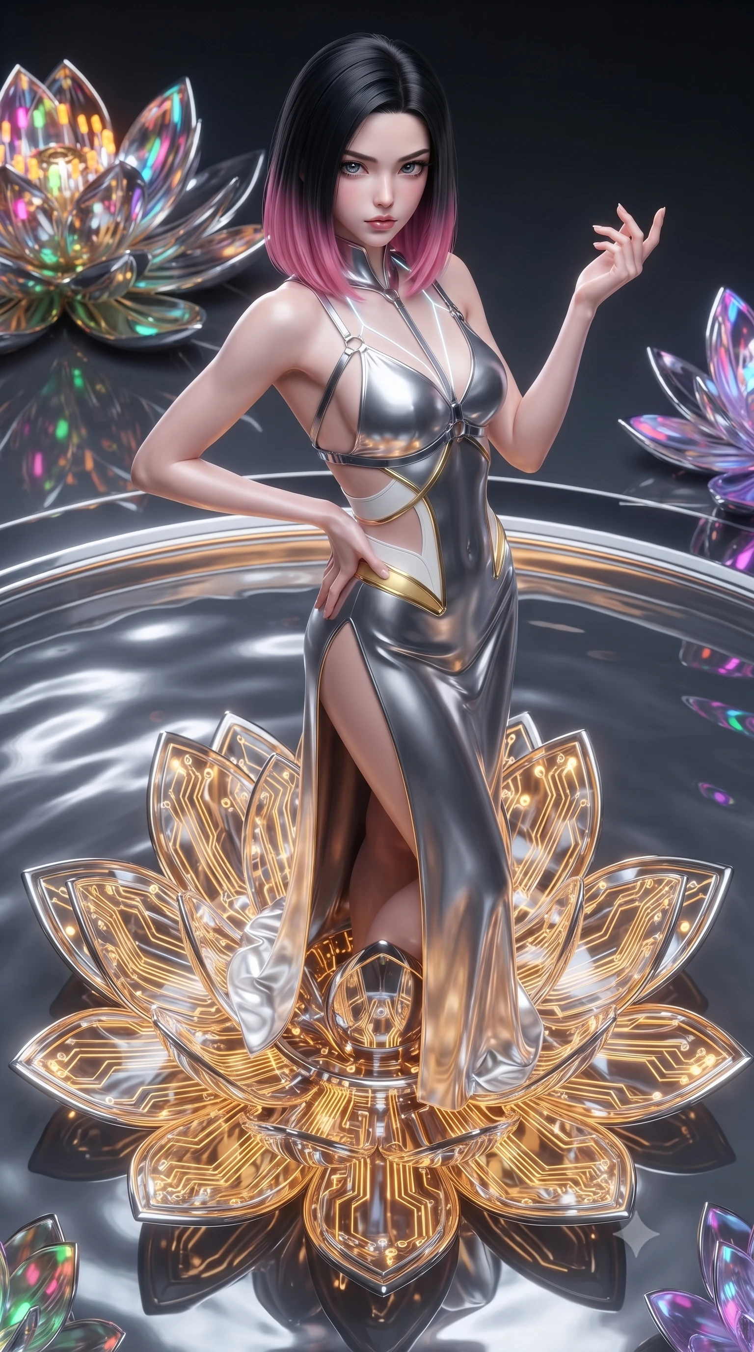 score_9, masterpiece, best quality, ultra-detailed, high-budget anime keyframe, editorial fashion photography, tasteful artistic composition, Korean woman. close-up cowboy shot from the waist and thighs up, the character dominates the composition, filling the frame with her large presence. twisting her upper body in a dynamic S-curve with commanding allure, one hand resting on her slender waist with haughty grace while standing with sovereign poise atop a gigantic glowing gold and chrome circuit lotus floating in a pool of liquid mercury. The surrounding environment is rendered in vivid detail and crisp panoramic clarity. intricate cybernetic lotus stamen LEDs, polished chrome platform edges, and clear caustics in high clarity. She has an exceptionally elegant, slender, and willowy female figure with an ultra-slim waist, a gracefully sculpted slender torso, toned flat midriff, and a refined slim silhouette. sharp v-shaped jawline, high-bridge nose, intricate jewel-like eyes with depth, thick eyelashes, glossy lips with a natural sheen, flawlessly proportioned anatomical accuracy, strict slender model proportions, natural body alignment, perfectly sculpted long slender limbs, ultra-slim waistline, clean dynamic posture without body distortion. wearing a backless molten silver liquid-metal gown with a high-cut side slit and precision-fitted waist boning in pristine liquid pearl white and radiant solar gold trim, made of liquid jersey fabric that clings flawlessly to every contour of her build, reinforced by a sleek metallic chrome harness and delicate glowing micro-straps, the precision-cut daring openings accentuating her delicate midriff, graceful bare collarbones, and ultra-slim feminine waistline. surrounded by an opulent, mystical, and sacredly sensual android goddess ambiance. ultra-reflective glossy finish, specular highlights, dark metallic sheen, high-contrast stereoscopic depth, volumetric dynamic lighting, 2k, ultra detail, master piece, 9:16 ratio