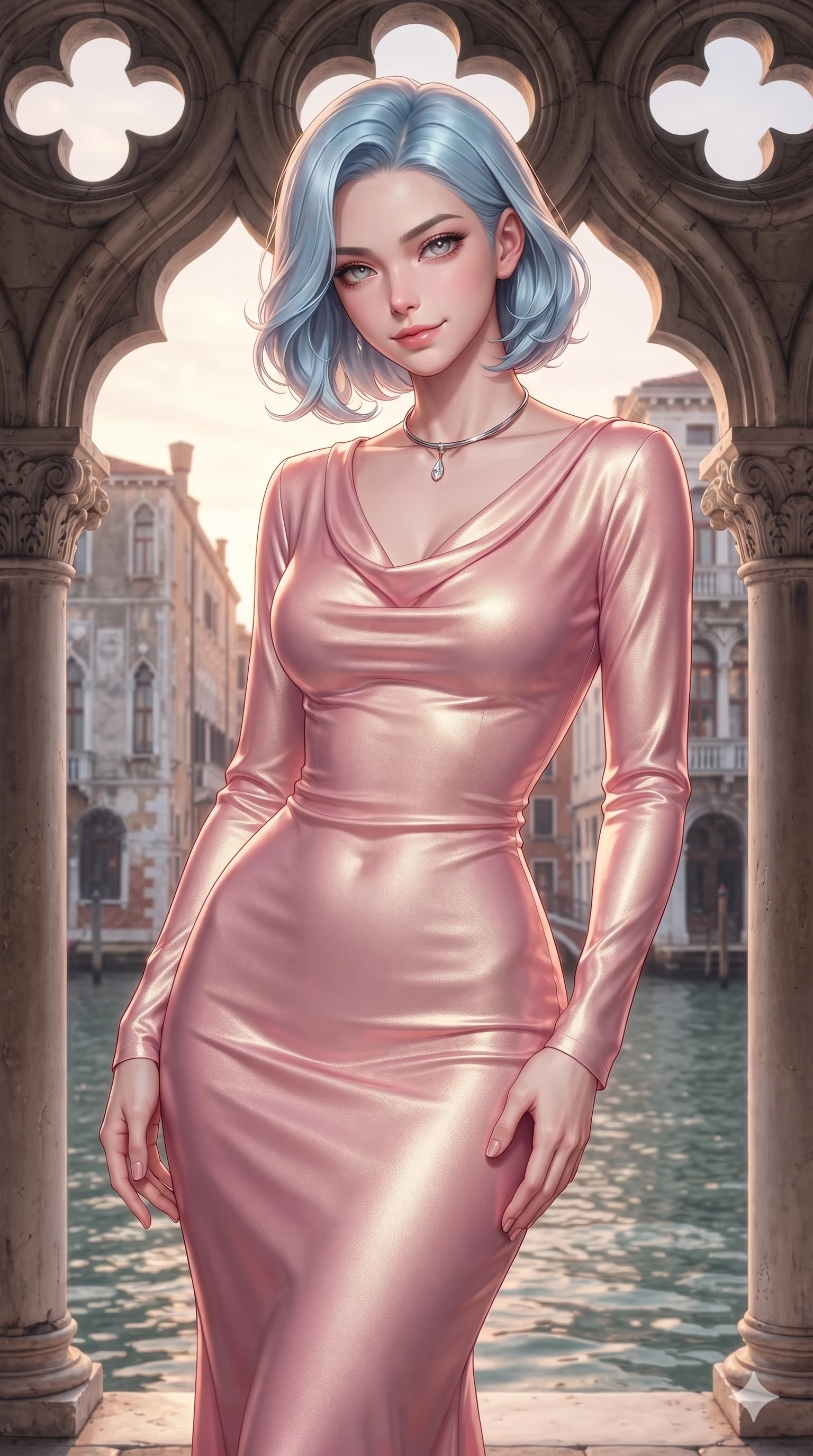 score_9, masterpiece, best quality, ultra-detailed, high-budget anime keyframe, editorial fashion photography, tasteful artistic composition, Korean woman. close-up cowboy shot from the waist and thighs up, the character dominates the composition, filling the frame with her large presence. tilting her head with a teasing half-smile, running one hand slowly down the side of her hip in a flirtatious S-curve as ambient light caresses her silhouette while twisting her slender torso in an alluring S-curve between gothic trefoil arch columns, soft dawn speculars glinting off her narrow waist and curvy hips. The surrounding environment is rendered in vivid detail and crisp panoramic clarity: sharp carved gothic cloverleaf stonework, canal water surface tension, and weathered palazzo stucco texture in deep focus. She has an exceptionally elegant, slender, and willowy female figure with an ultra-slim waist, flat toned midriff, narrow ribcage, and sculpted feminine hips creating an alluring, slim hourglass silhouette without bulk. sharp v-shaped jawline, high-bridge nose, intricate jewel-like sparkling eyes with depth, thick eyelashes, glossy parted lips with a natural sheen, intensely captivating and seductive bedroom-eyes expression, exuding both youthful cute charm and sovereign luxury allure, flawlessly proportioned anatomical accuracy, strict slender model proportions, natural body alignment, perfectly sculpted long slender limbs, ultra-slim waistline, clean dynamic posture without body distortion. wearing a modest long-sleeve cowl-neck satin column gown draping gracefully to the floor with aristocratic poise in sakura blossom pink and warm ivory, crafted from luxurious metallic lamé that shifts radiance with every step, finished with a minimalist chrome choker and a single teardrop diamond pendant, the impeccably tailored cut draping gracefully along her slender figure with aristocratic poise. illuminated by canal surface reflection bounce and sharp golden-amber rim lights sculpting her razor-sharp jawline, narrow waist, and curvy hips. ultra-reflective glossy finish, specular highlights, rich textural contrasts, high-contrast stereoscopic depth, volumetric dynamic lighting, 2k, ultra detail, master piece, 9:16 ratio