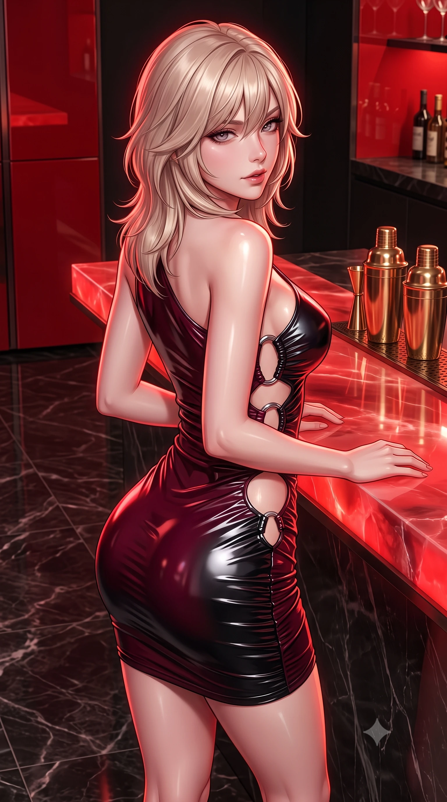 score_9, masterpiece, best quality, ultra-detailed, high-budget anime keyframe, semi-realistic 3D game render, editorial fashion photography, tasteful artistic composition, Japanese woman. close-up cowboy shot from the waist and thighs up, the character dominates the composition, filling the frame with her large presence. posing in an alluring rear three-quarter angle, turning over a bare shoulder with an intoxicating, smoldering gaze, her hips cocked back to highlight her slim hourglass curve while leaning against the glowing red onyx bar counter with hips cocked back, looking over a bare shoulder with a playful, seductive glint in her eyes. The surrounding environment is rendered in vivid detail and crisp panoramic clarity. sharp glossy red lacquer reflections, dark polished marble grain, and brass cocktail shaker hardware in deep focus. She has an exceptionally elegant, slender, and willowy female figure with an ultra-slim waist, flat toned midriff, narrow ribcage, and sculpted feminine hips creating an alluring, slim hourglass silhouette without bulk. sharp v-shaped jawline, high-bridge nose, intricate jewel-like dark sparkling eyes with dangerous depth, thick curled eyelashes, glossy parted lips with a rich wine sheen, smoldering seductive half-smile with bedroom-eyes, exuding effortless superiority and intoxicating dark allure, flawlessly proportioned anatomical accuracy, strict slender model proportions, natural body alignment, perfectly sculpted long slender limbs, ultra-slim waistline, clean dynamic posture without body distortion. wearing a liquid-look vinyl mini dress with an asymmetric neckline and hip-defining side ruching in deep wine burgundy and lustrous obsidian, tailored from fine lightweight midnight wool crepe with crisp architectural structure, accented with sculptural chrome hardware rings framing the subtle cutouts, the form-fitting cut adhering flawlessly to her sculpted flat midriff and slender torso, emphasizing her long leg lines and perfectly proportioned willowy build. illuminated by sharp specular highlights on skin and dark scarlet rim light sculpting her sculpted midriff, narrow waist, and curvy hips. highly saturated vibrant anime colors, detailed shading with soft gradients, rich glossy textures, high-contrast stereoscopic depth, volumetric dynamic lighting, master piece, 9:16 ratio
