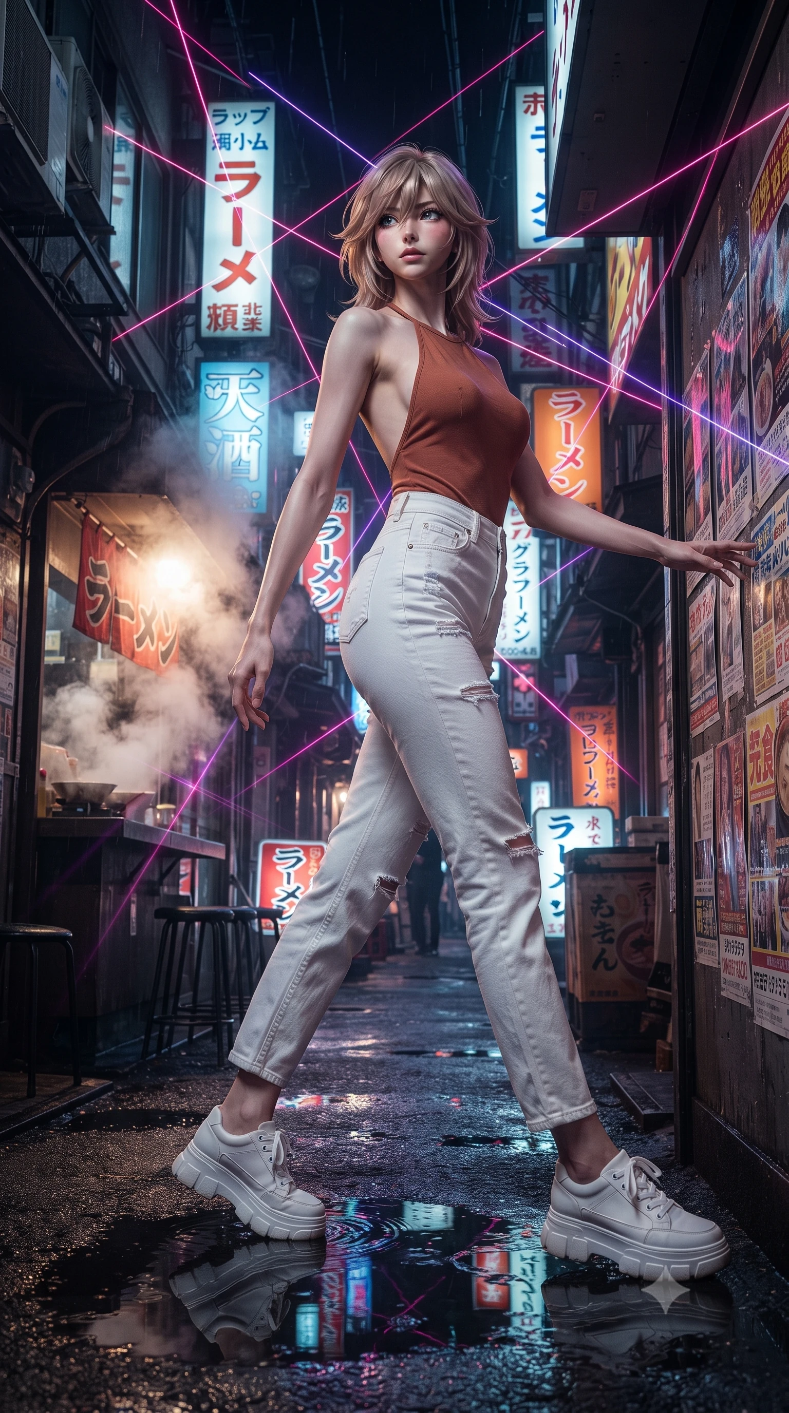 score_9, masterpiece, best quality, ultra-detailed, high-budget anime keyframe, editorial fashion photography, tasteful artistic composition, Japanese woman. low angle full-body shot from head to toe showing her feet, filling the entire 9:16 vertical frame with her statuesque presence, stretching her vertical silhouette. navigating with fluid motion through a narrow atmospheric Tokyo alley at night densely packed with glowing signs in Japanese katakana steam rising from ramen shops vending machines casting colored pools of light on wet asphalt. She has a statuesque 8.5-heads proportion, an exceptionally tall, slender and willowy model-like build with impossibly long legs and a highly sculpted ultra-slim waist. sharp v-shaped jawline, high-bridge nose, intricate jewel-like eyes with depth, thick eyelashes, glossy lips with a natural sheen. wearing a backless halter-neck top in muted terracotta, paired with high-waisted white denim trousers. laser lines of violet and hot pink reflecting off surfaces casting geometric neon highlights. 2k, ultra detail, master piece, 9:16 ratio