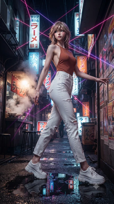 score_9, masterpiece, best quality, ultra-detailed, high-budget anime keyframe, editorial fashion photography, tasteful artistic composition, Japanese woman. low angle full-body shot from head to toe showing her feet, filling the entire 9:16 vertical