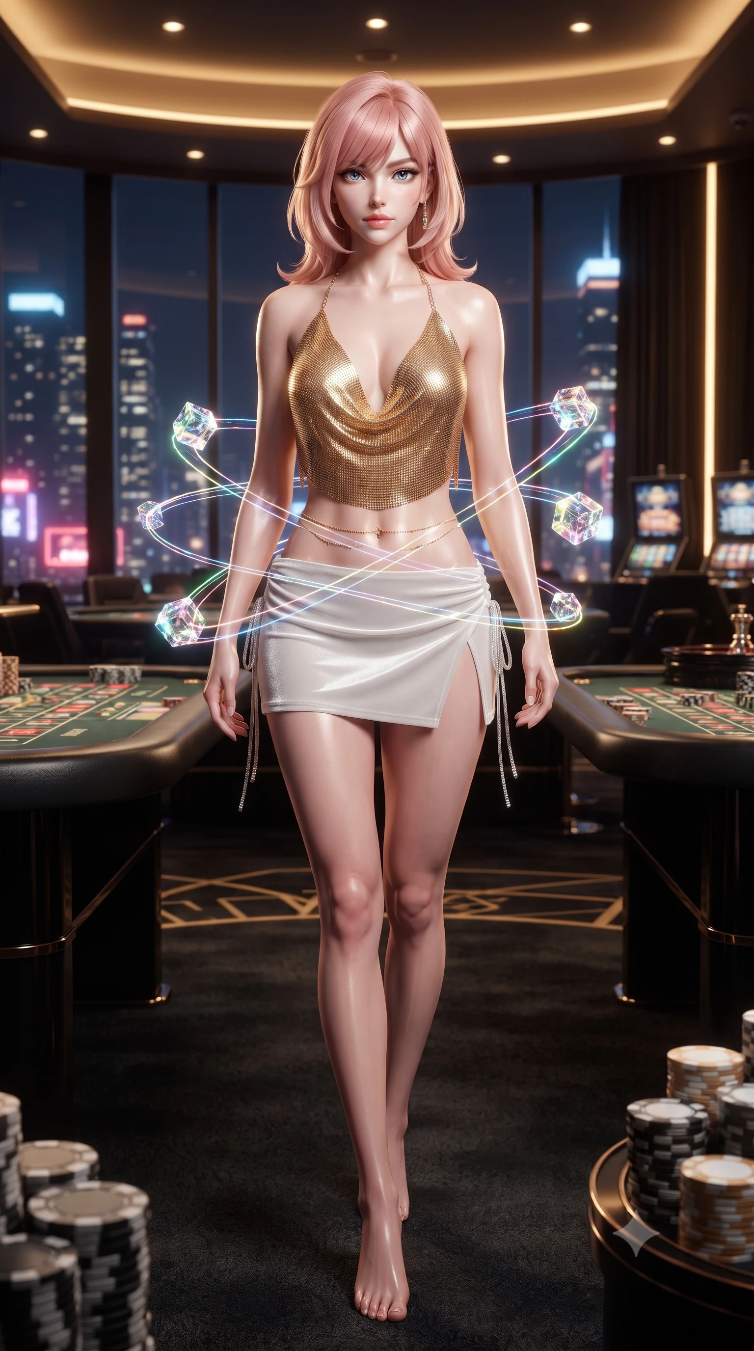 score_9, masterpiece, best quality, ultra-detailed, high-budget anime keyframe, editorial fashion photography, tasteful artistic composition, Japanese woman. low angle full-body shot from head to toe showing her feet, filling the entire 9:16 vertical frame with her statuesque presence, stretching her vertical silhouette. stepping slowly toward the camera with hypnotic grace, hips swaying in an alluring sensual rhythm that accentuates her curvy hourglass silhouette and long slender legs while twisting her slender torso in an alluring contrapposto stance, spinning holographic dice projections tracing her narrow waist, midriff, and hips. The surrounding environment is rendered in vivid detail and crisp panoramic clarity: sharp holographic laser emitter facets, polished black lacquer table trim, and heavyweight ceramic casino chip stacking ridges in deep focus. She has an absolutely perfect, statuesque 8.5-heads proportion, an exceptionally tall and slender model-like female figure with impossibly long slender legs, an ultra-slim waist, a flat toned midriff, narrow delicate ribcage, and beautifully sculpted feminine hips creating a graceful, slim hourglass silhouette without any bulky heaviness. sharp v-shaped jawline, high-bridge nose, sparkling eyes with hypnotic seductive depth, thick curled eyelashes, glossy parted lips with a natural dewy peach sheen, alluring bedroom-eyes with an enchanting coquettish smile, exuding magnetic siren charisma and sophisticated glamour, flawlessly proportioned anatomical accuracy, strict slender model proportions, natural body alignment, perfectly sculpted long slender limbs, ultra-slim waistline, clean dynamic posture without body distortion. wearing a plunging cowl-neck liquid gold chainmail halter top paired with an ultra-low-rise velvet mini skirt and side rhinestone ties in pure pearl alabaster with liquid platinum sheen, crafted from fluid liquid silk satin that clings smoothly to every curve with a dewy sheen, accented with a dainty gold belly chain resting across her flat midriff and curving hips, the high-slit wrap tailoring accentuating her ultra-slim waistline and the enchanting curve of her feminine hips with alluring seductive charm. illuminated by city skyline neon reflections and sharp warm-gold rim lights sculpting her razor-sharp jawline, narrow waist, and curvy hips. ultra-reflective glossy finish, specular highlights, rich textural contrasts, high-contrast stereoscopic depth, volumetric dynamic lighting, 2k, ultra detail, master piece, 9:16 ratio
