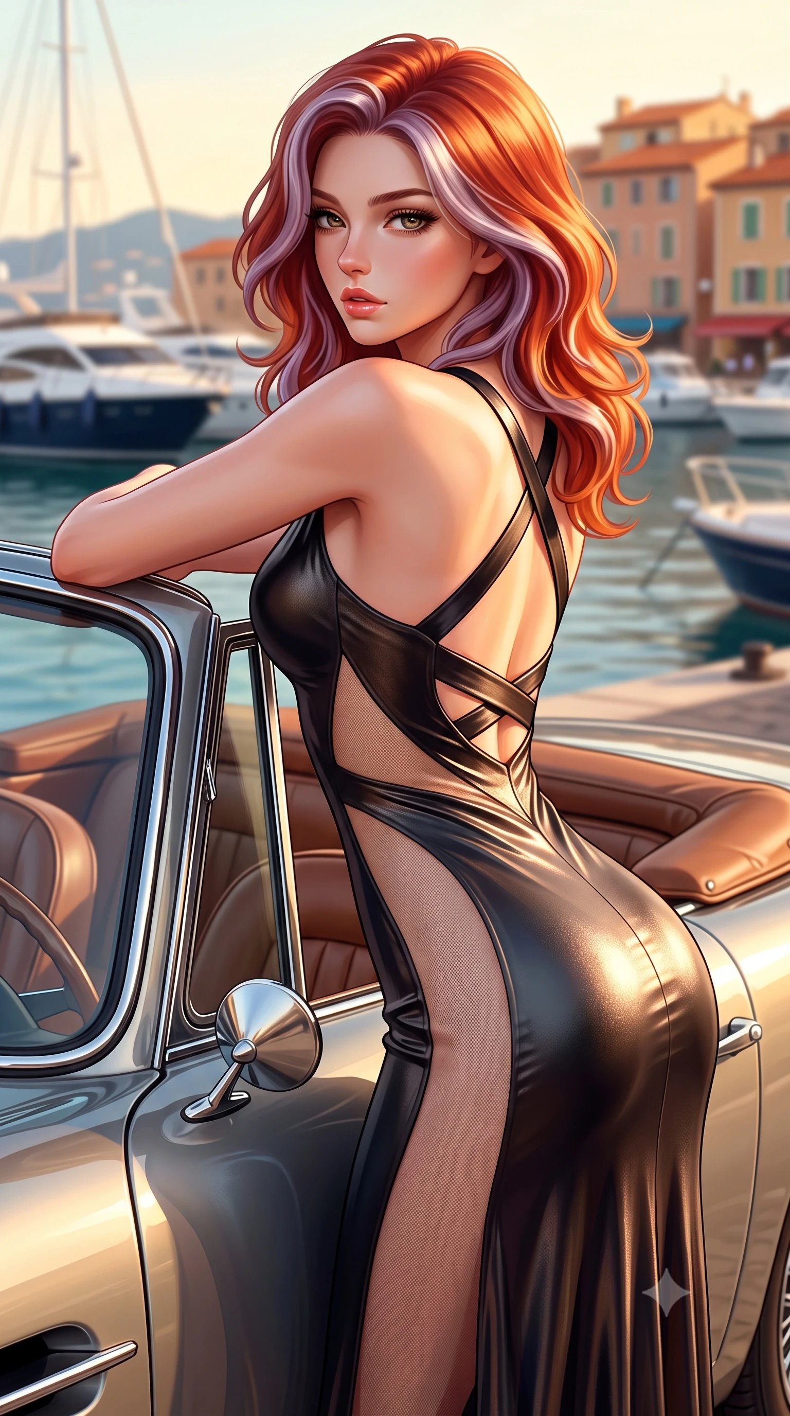 score_9, masterpiece, best quality, ultra-detailed, high-budget anime keyframe, semi-realistic 3D game render, editorial fashion photography, tasteful artistic composition, Caucasian woman. close-up cowboy shot from the waist and thighs up, the character dominates the composition, filling the frame with her large presence. leaning back with relaxed seductive grace, her sculpted collarbones and narrow waist highlighted as she casts smoldering bedroom-eyes directly into the camera while leaning against the chrome windshield frame of the sports car with hips cocked back, looking back over her bare shoulder with sun-dazed bedroom-eyes. The surrounding environment is rendered in vivid detail and crisp panoramic clarity. brilliant French Riviera golden-hour chiaroscuro and ultra-chic 1960s jet-set aesthetics in precision. She has an exceptionally elegant, slender, and willowy female figure with an ultra-slim waist, flat toned midriff, narrow ribcage, and sculpted feminine hips creating an alluring, slim hourglass silhouette without bulk. sharp v-shaped jawline, high-bridge nose, intricate jewel-like eyes with depth, thick eyelashes, glossy parted lips with a natural sheen, intensely captivating and seductive bedroom-eyes expression, flawlessly proportioned anatomical accuracy, strict slender model proportions, natural body alignment, perfectly sculpted long slender limbs, ultra-slim waistline, clean dynamic posture without body distortion. wearing a second-skin black silk jersey maxi dress with asymmetrical sheer mesh side panels tracing the full curve of her hip in vintage champagne ivory and delicate rose gold, crafted from luxurious metallic lamé that shifts radiance with every step, finished with criss-cross back satin straps highlighting her graceful shoulder blades, the liquid-tight tailored fabric clinging flawlessly to her narrow waist and rounded feminine hips, emphasizing every millimeter of her sculpted slim hourglass curves without any bulky heaviness. surrounded by a carefree, elite, and irresistibly magnetic Saint-Tropez heiress aura. highly saturated vibrant anime colors, detailed shading with soft gradients, rich glossy textures, high-contrast stereoscopic depth, volumetric dynamic lighting, master piece, 9:16 ratio