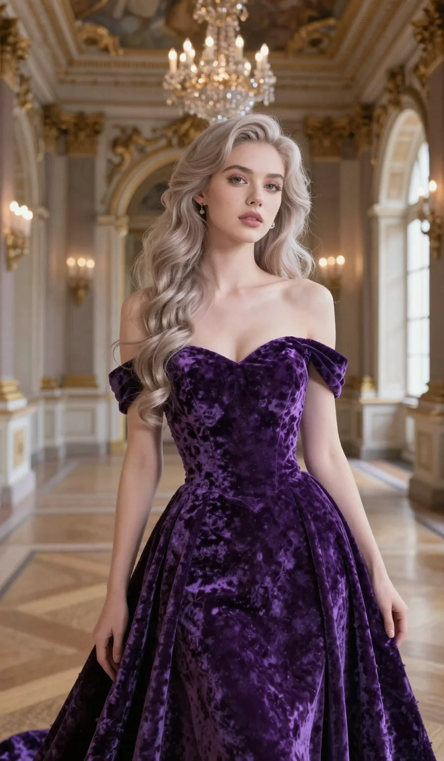 (masterpiece:1.2), best quality, highres, (1girl:1.3), breathtaking portrait, violet eyes, raven hair, (gown of crushed velvet:1.2), opulent palace interior, 2k, ultra detail, 9:16 ratio
