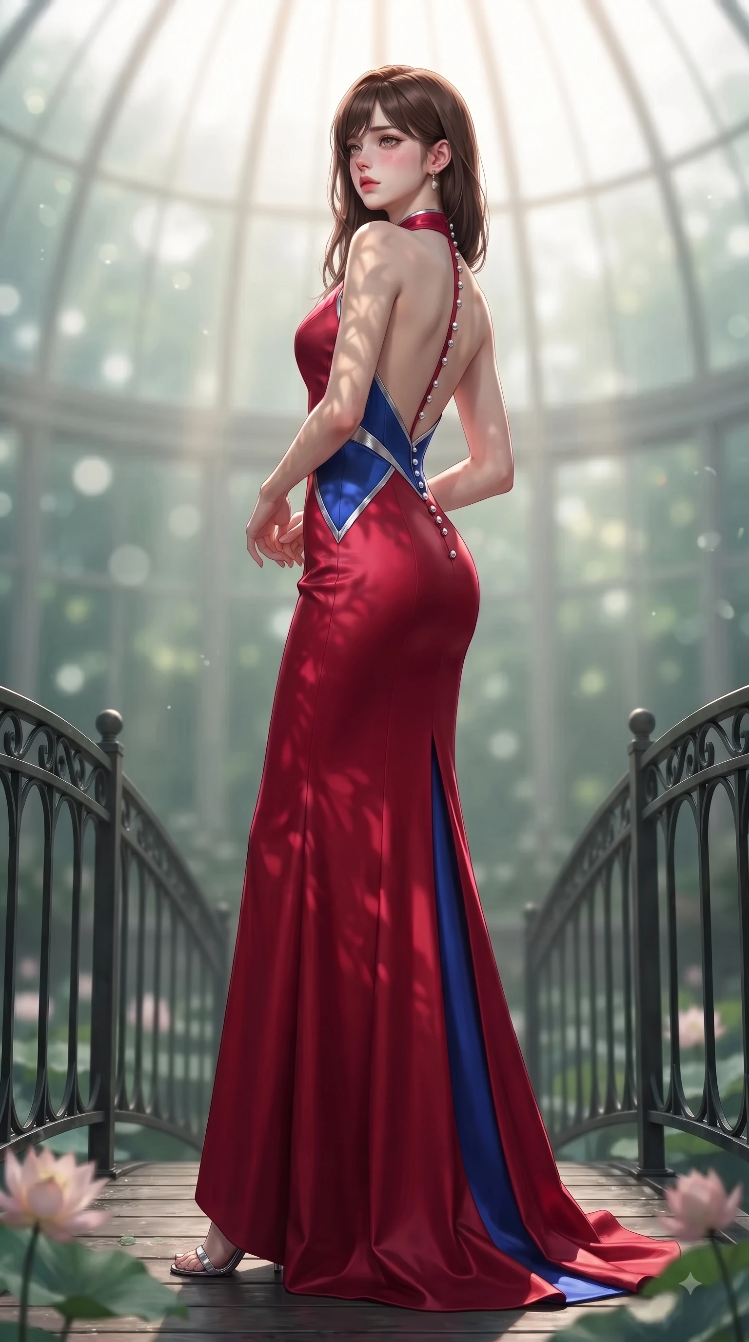 score_9, masterpiece, best quality, ultra-detailed, high-budget anime keyframe, editorial fashion photography, tasteful artistic composition, Korean woman. low angle full-body shot from head to toe showing her feet, filling the entire 9:16 vertical frame with her statuesque presence, stretching her vertical silhouette. Wistful sorrowful gaze looking distant with a delicate melancholy and emotional depth in her eyes while pivoting gracefully on a wrought-iron bridge over a lotus pond dripping with morning dew. The composition keeps background elements in soft focus with dreamy bokeh. sunbeams filtering through misty glass dome panes softened in creamy depth of field. She has an absolutely perfect, statuesque 8.5-heads proportion, an exceptionally tall and slender model-like female figure with impossibly long slender legs and an ultra-slim waist. sharp v-shaped jawline, high-bridge nose, intricate jewel-like eyes with depth, thick eyelashes, glossy lips with a natural sheen, flawlessly proportioned anatomical accuracy, natural body alignment, perfectly sculpted elegant limbs, clean dynamic posture without body distortion. wearing a dramatic crimson silk halter-neck gown with a draped open-back silhouette in electric cobalt blue and polished silver accent, tailored from structured wool crepe with clean lines, accented with delicate pearl buttons and refined ruffle trims, the form-contouring material accentuating her ultra-slim waist and long lines. illuminated by fresh botanical ambient glow with organic leaf stencil shadows. ultra-reflective glossy finish, specular highlights, metallic sheen, high-contrast stereoscopic depth, volumetric dynamic lighting, 2k, ultra detail, master piece, 9:16 ratio