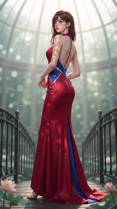 score_9, masterpiece, best quality, ultra-detailed, high-budget anime keyframe, editorial fashion photography, tasteful artistic composition, Korean woman. low angle full-body shot from head to toe showing her feet, filling the entire 9:16 vertical f