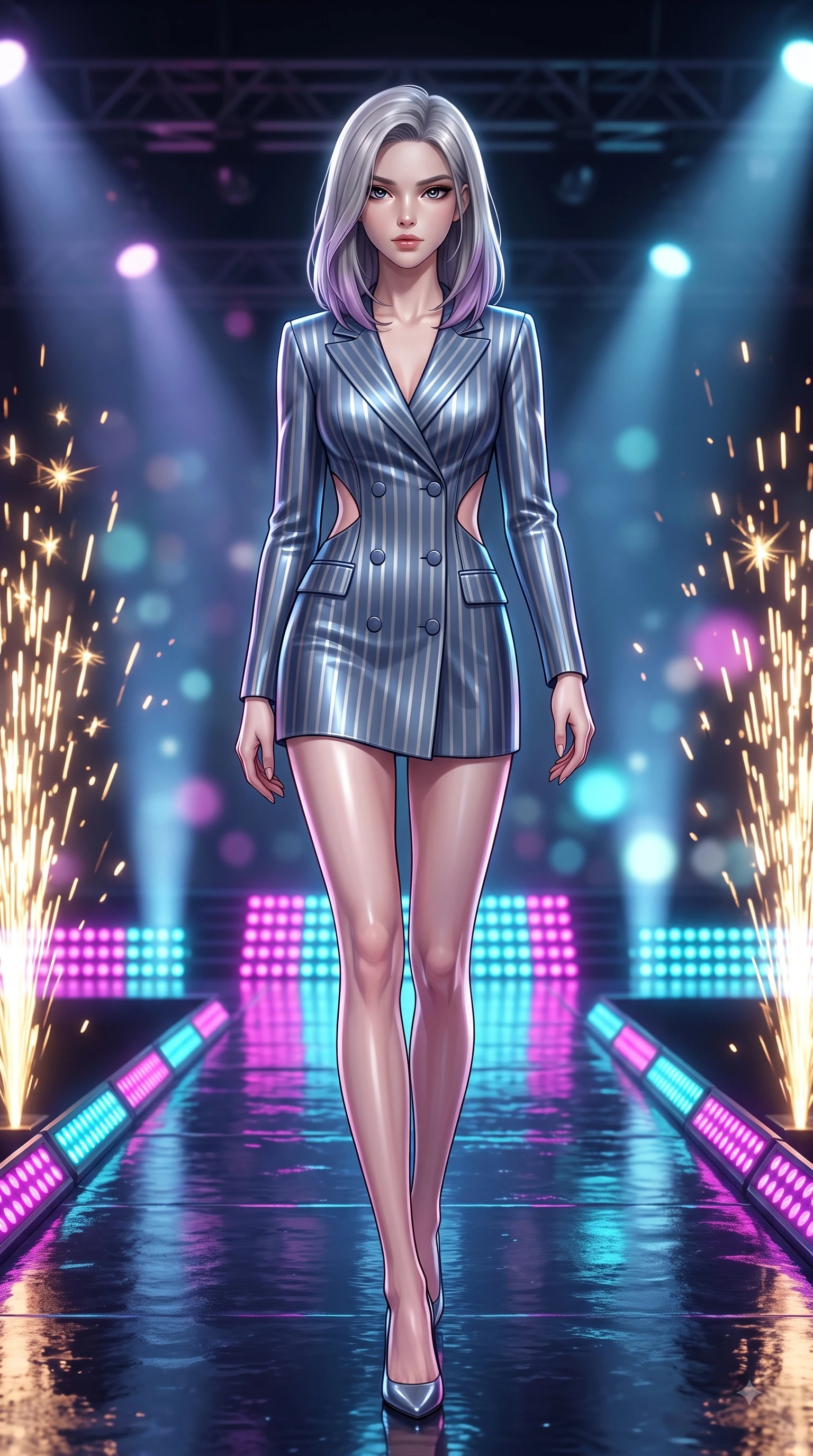 score_9, masterpiece, best quality, ultra-detailed, high-budget anime keyframe, editorial fashion photography, tasteful artistic composition, Caucasian woman. low angle full-body shot from head to toe showing her feet, filling the entire 9:16 vertical frame with her statuesque presence, stretching her vertical silhouette. performing an athletic mid-air rotation with flawless poise, her vertical silhouette beautifully stretched while walking down a shiny dark stage catwalk under pulsing magenta and cyan LED arrays, shiny dark stage surface reflecting every concert light beam vividly. She has an absolutely perfect, statuesque 8.5-heads proportion, an exceptionally tall and slender model-like female figure with impossibly long slender legs and an ultra-slim waist. sharp v-shaped jawline, high-bridge nose, intricate jewel-like eyes with depth, thick eyelashes, glossy lips with a natural sheen, flawlessly proportioned anatomical accuracy, natural body alignment, perfectly sculpted elegant limbs, clean dynamic posture without body distortion. wearing a double-breasted blazer dress with subtle metallic pin-stripes in slate blue and metallic silver, formed from sleek second-skin neoprene, featuring subtle geometric cutouts that highlight her ultra-slim midriff, the tailored fabric tightly following every curve of her athletic build. illuminated by golden spark explosions and high-contrast concert lighting. ultra-reflective glossy finish, specular highlights, metallic sheen, high-contrast stereoscopic depth, volumetric dynamic lighting, 2k, ultra detail, master piece, 9:16 ratio