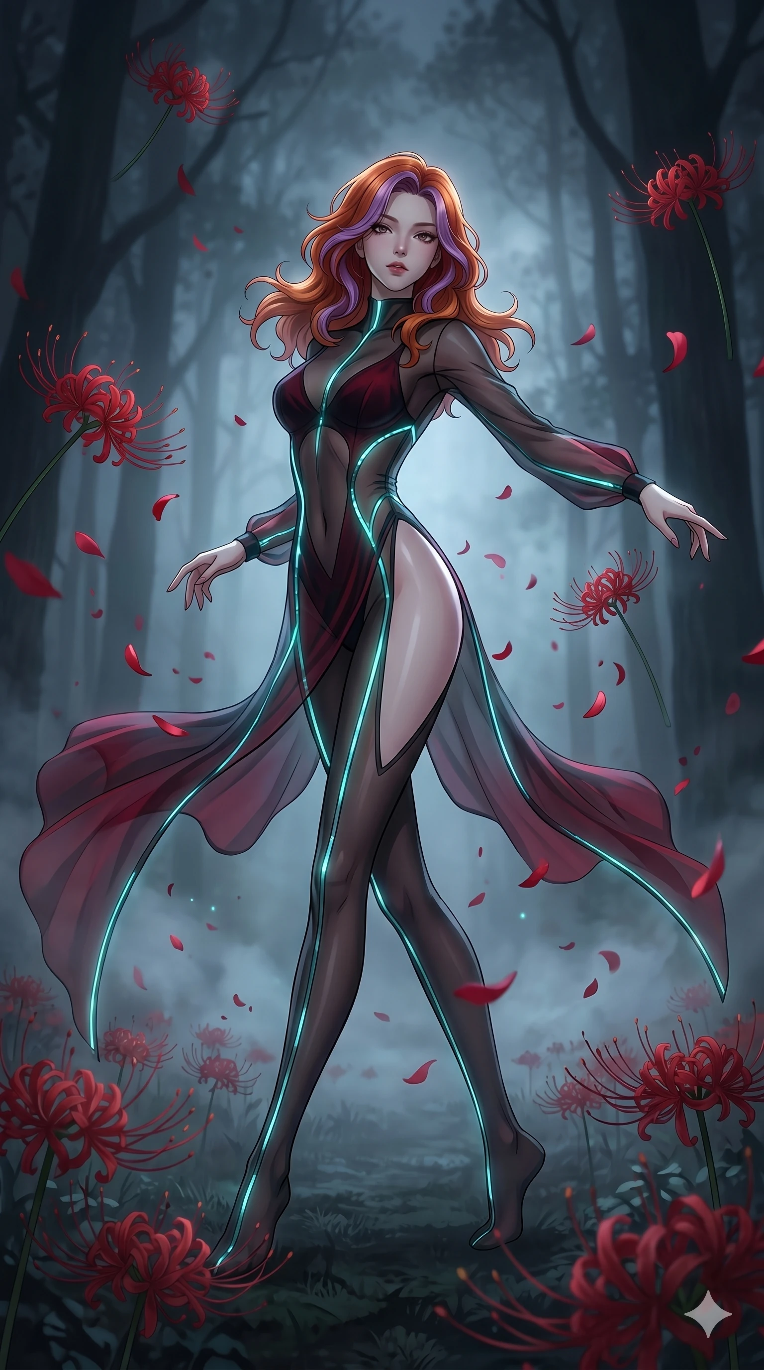score_9, masterpiece, best quality, ultra-detailed, High-budget Anime Keyframe, East Asian woman. Low angle cowboy shot filling the entire 9:16 frame with her statuesque presence. Scenario 65: Dancing amidst falling red spider lilies in a misty dark forest. Her presence is magnetic and overpowering in this high-budget anime scene. Outfit 65: A sheer organza bare with a high-cut leg line and glowing LED seams. The clothing is designed to emphasize her exceptionally tall and slender 8-heads proportion. 8-heads proportion, towering silhouette, ultra-slim waist. sharp v-shaped jawline, intricate jewel-like eyes with depth, thick eyelashes, glossy lips. 2k, ultra detail, master piece, 9:16 ratio